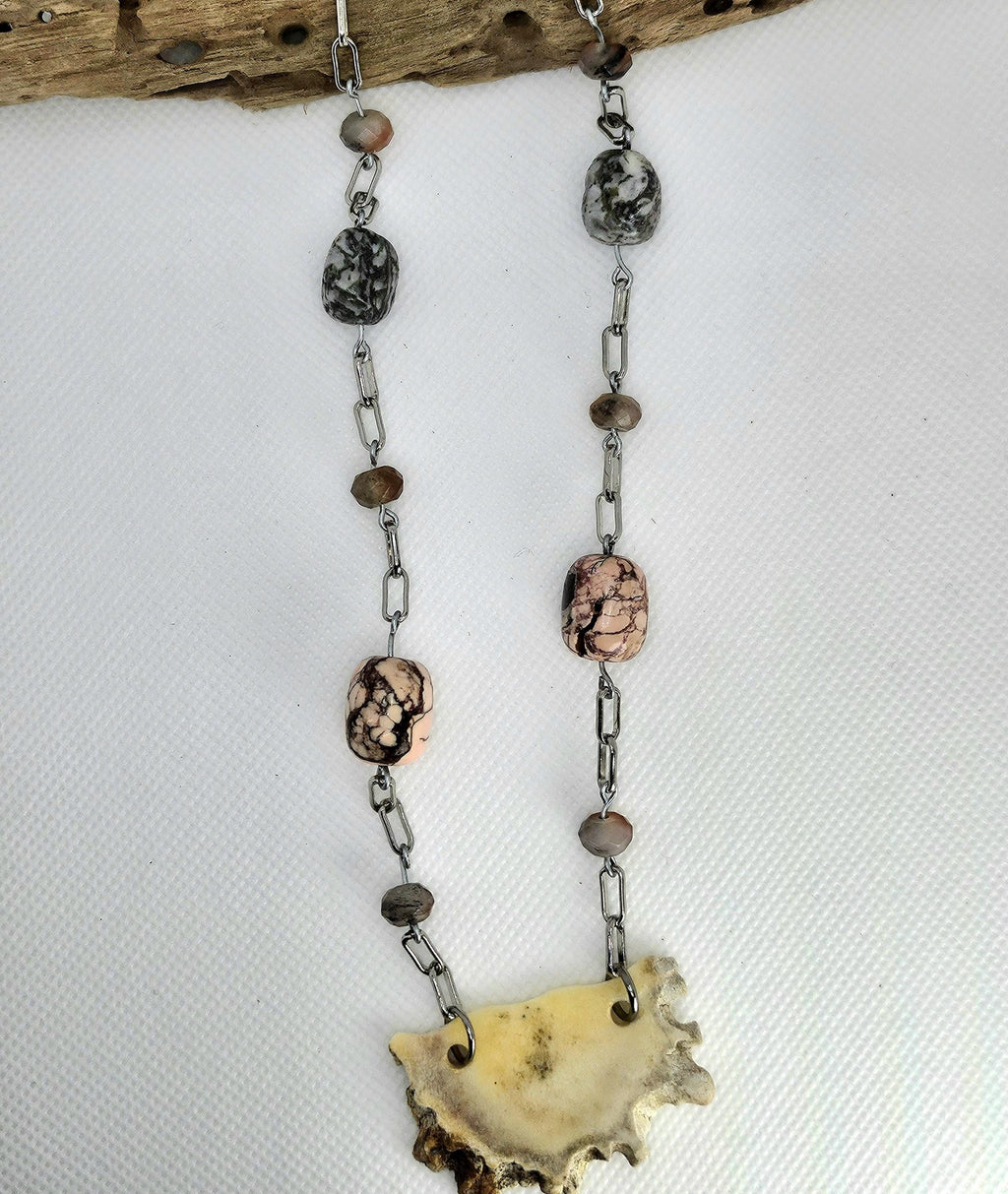 Unique Deer Antler Slice Necklace with Semi-Precious Stones on Stainless Steel Chain - Ethically Sourced Woodland Jewelry for Nature Lovers