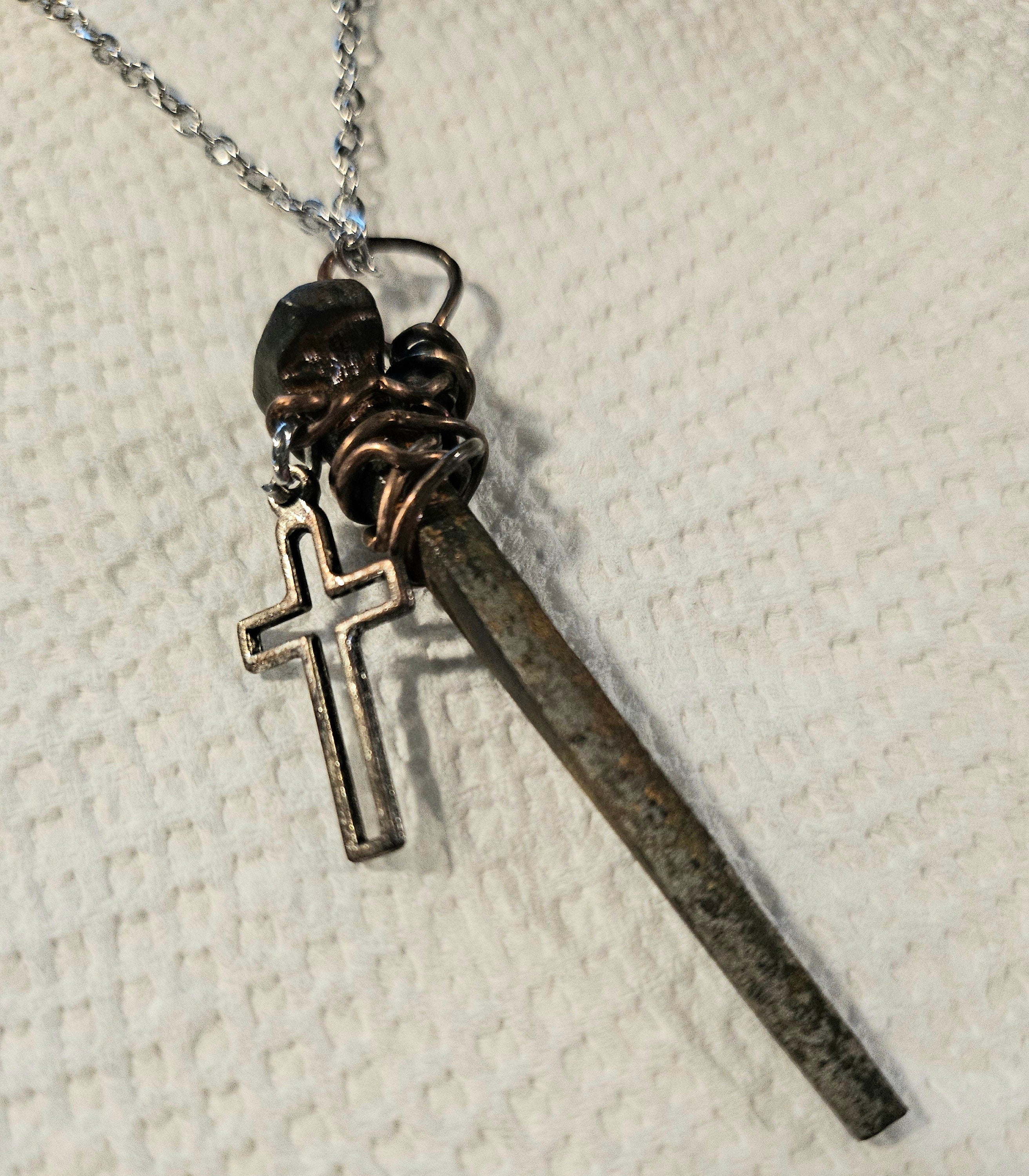 Whimsical Horse Shoe Nail  Cross Pendant Necklace in Durable Stainless Steel - Rustic Cowboy Spiritual Jewelry for Unique Style