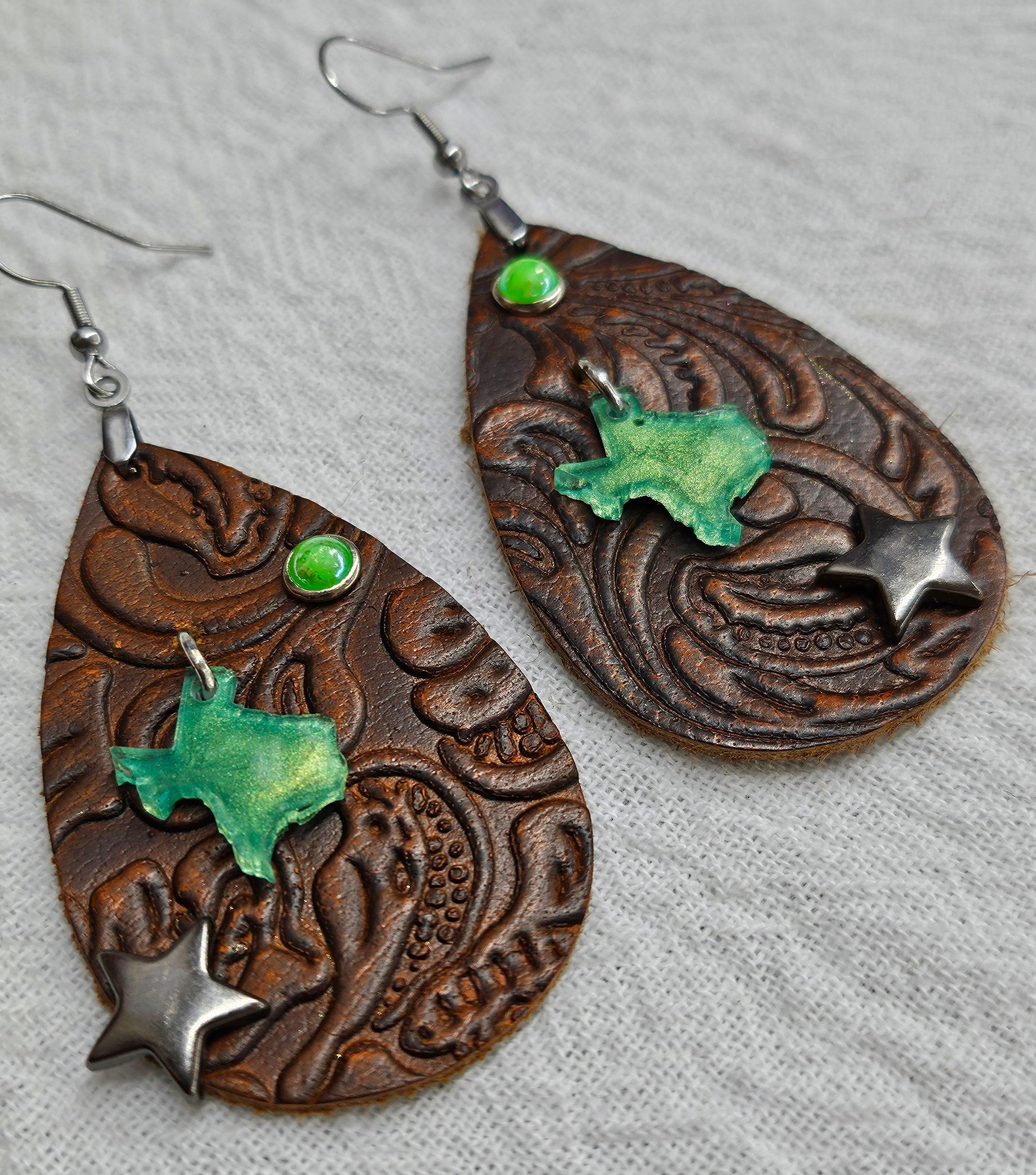 Handmade Tooled Leather Texas Earrings for Cowgirl Style - Rustic Boho Unique Studs  Drop Earrings Gift for Her with FREE Shipping