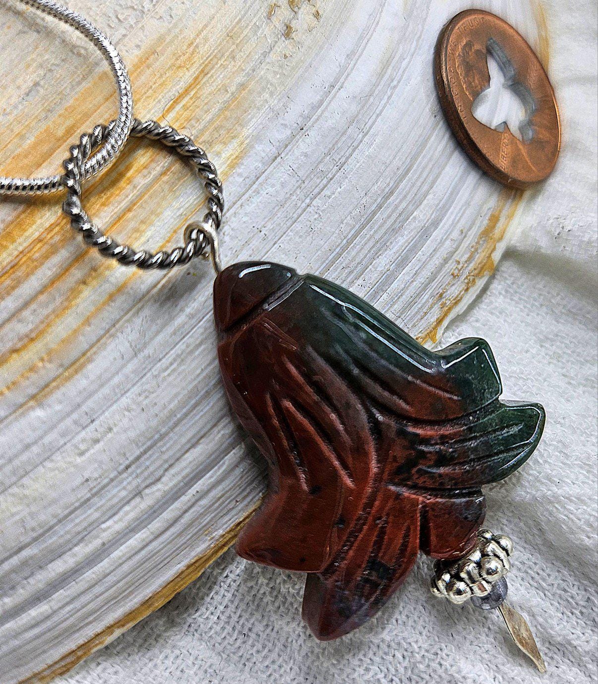 Natural Bloodstone Cabochon Pendant Necklace on Stainless Steel Chain for Peaceful Vibes Stylish Elegance  Inner Zen