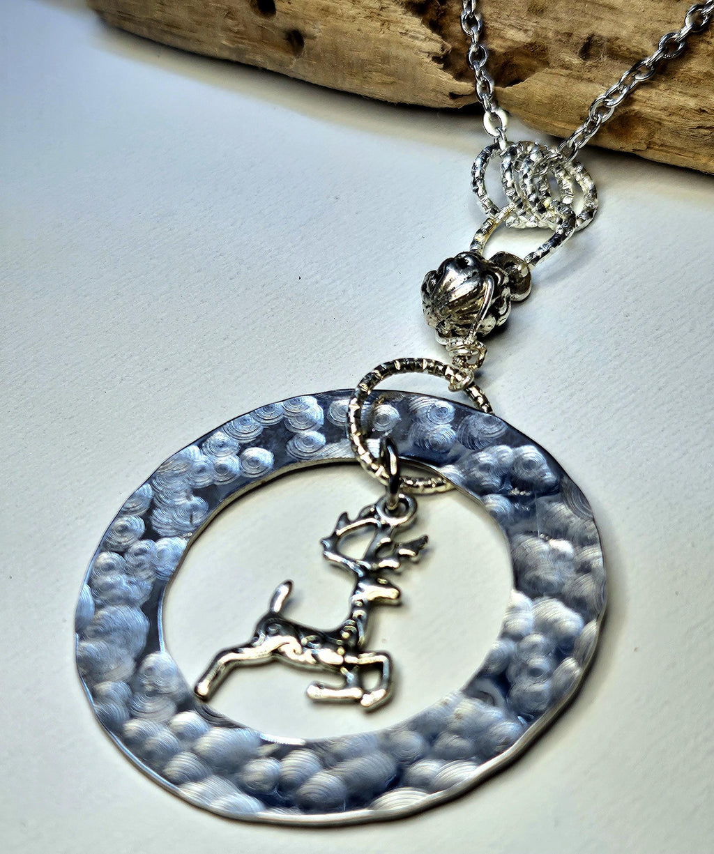 Hand Textured Rustic Boho Deer Charm Pendant Necklace  Unique Handmade Jewelry Gift for Her with Free Shipping  Woodland Goddess