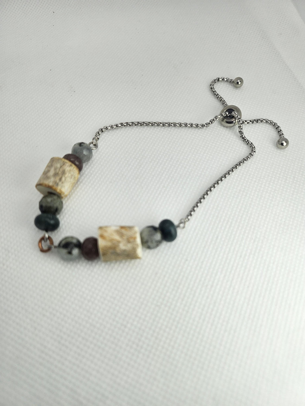 Deer Antler Bead  Kiwi Jasper Slide Bracelet - Rustic Boho Handmade Jewelry Gift for Her - Unique Statement Piece with Free Shipping