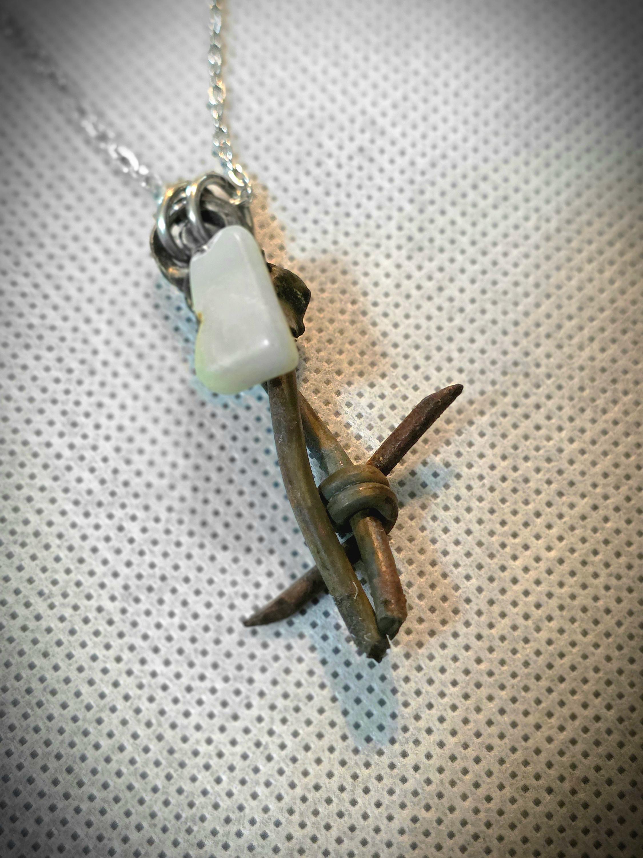 Handmade Barbed Wire Green Jade Pendant on Stainless Steel Chain - Unique Rustic Boho Jewelry for Gift or Personal Style
