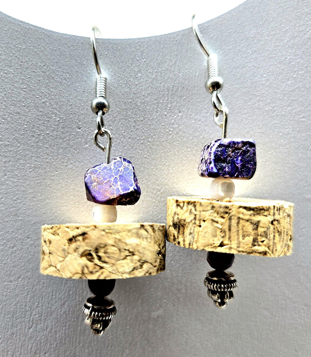 Purple Sea Sediment Jasper & Wine Cork Earrings Rustic Boho Handmade Jewelry Gift for Her Free Shipping | Rustic Boho Jewelry #363