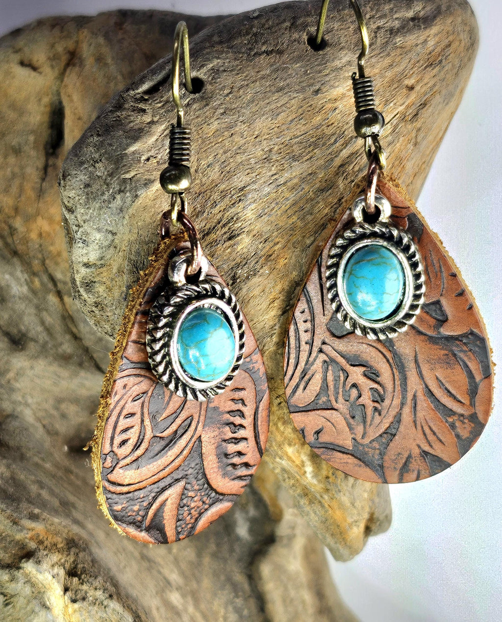 Handcut Leather Turquoise Dangle Earrings with Stainless Steel Hooks for Stylish Comfort