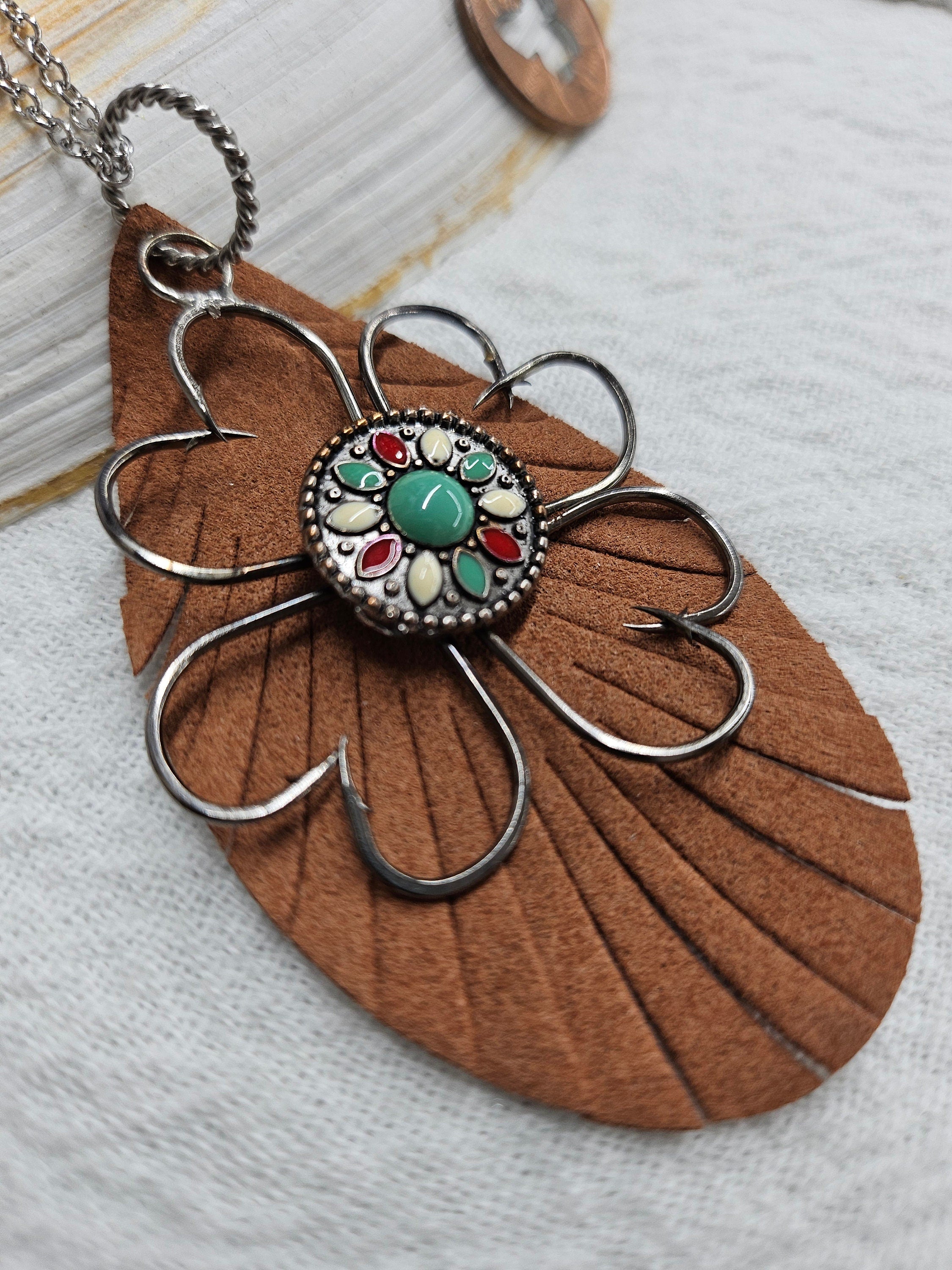 Turquoise Leather Pendant: Fish Hook Stainless Steel Chain