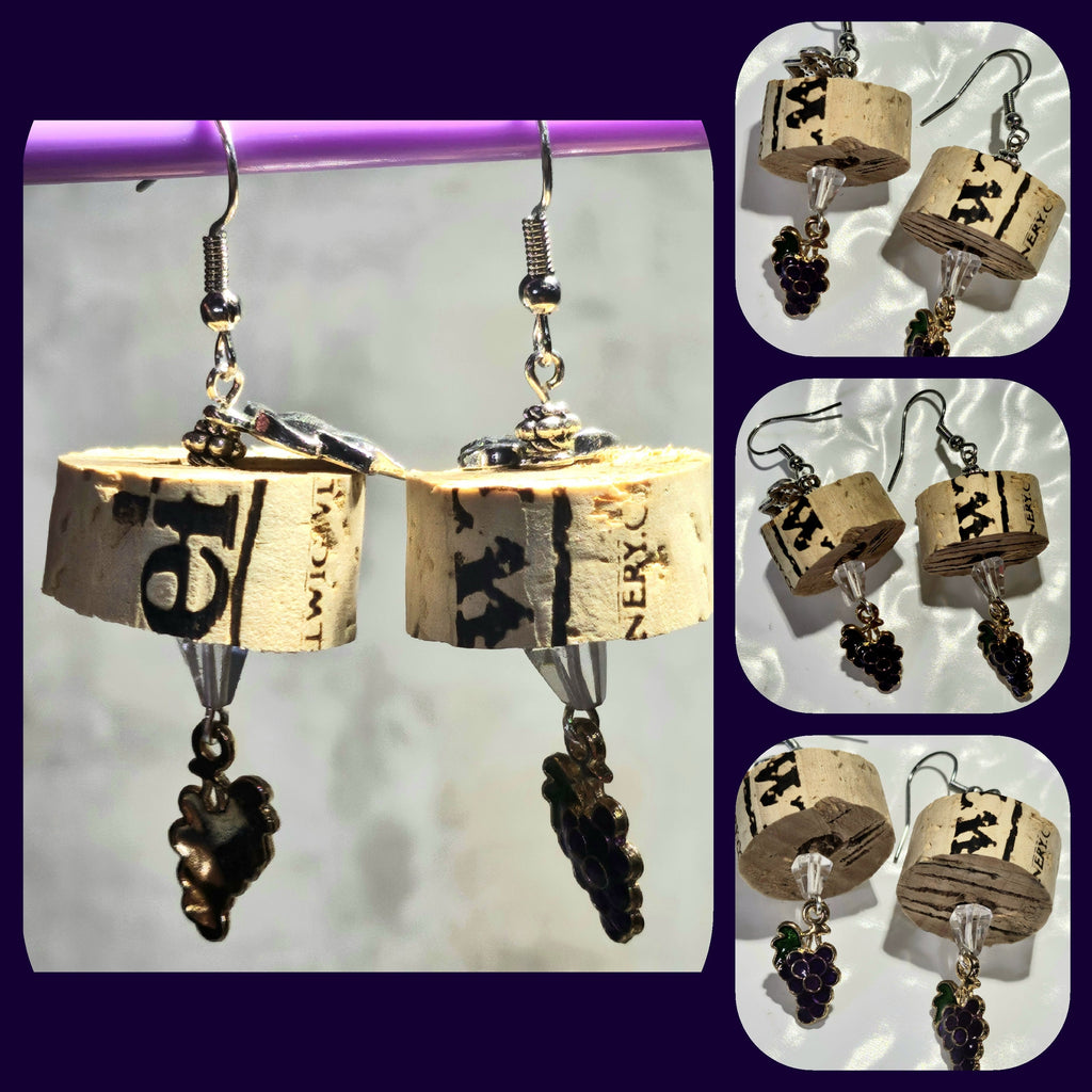 Wine Cork Earrings: Grape Charm, Stainless Steel Hooks