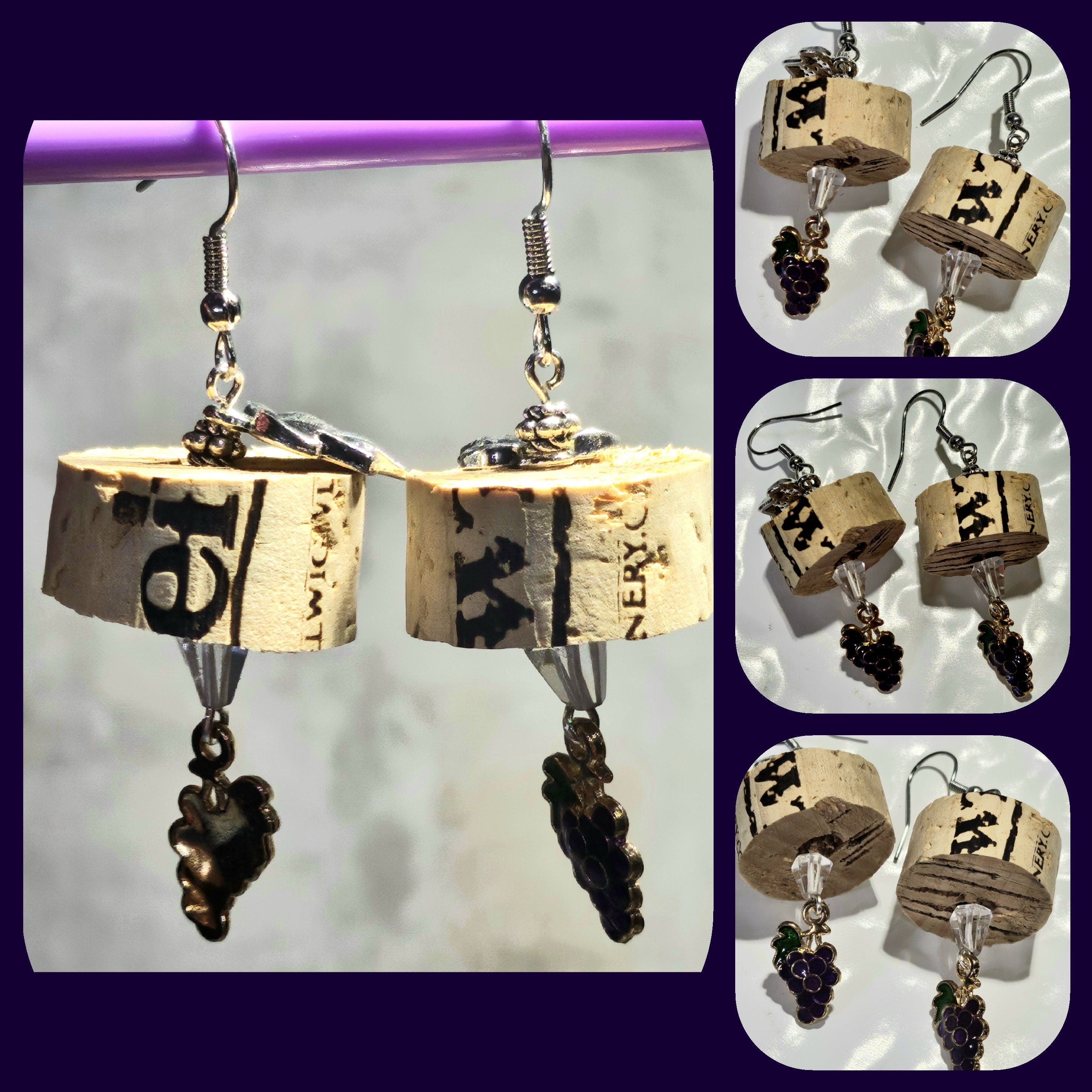 Wine Cork Earrings: Grape Charm, Stainless Steel Hooks