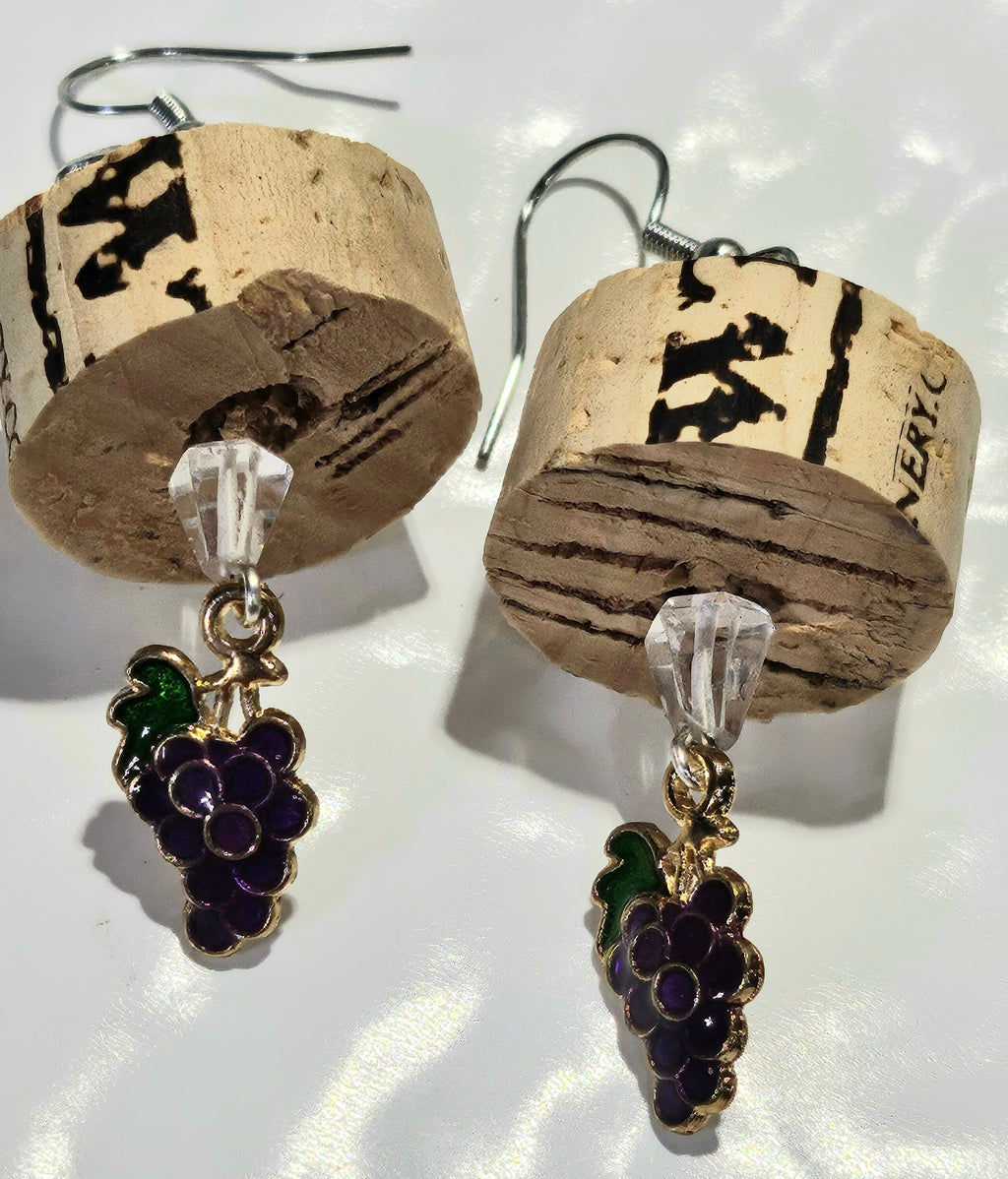 Wine Cork Earrings: Grape Charm, Stainless Steel Hooks