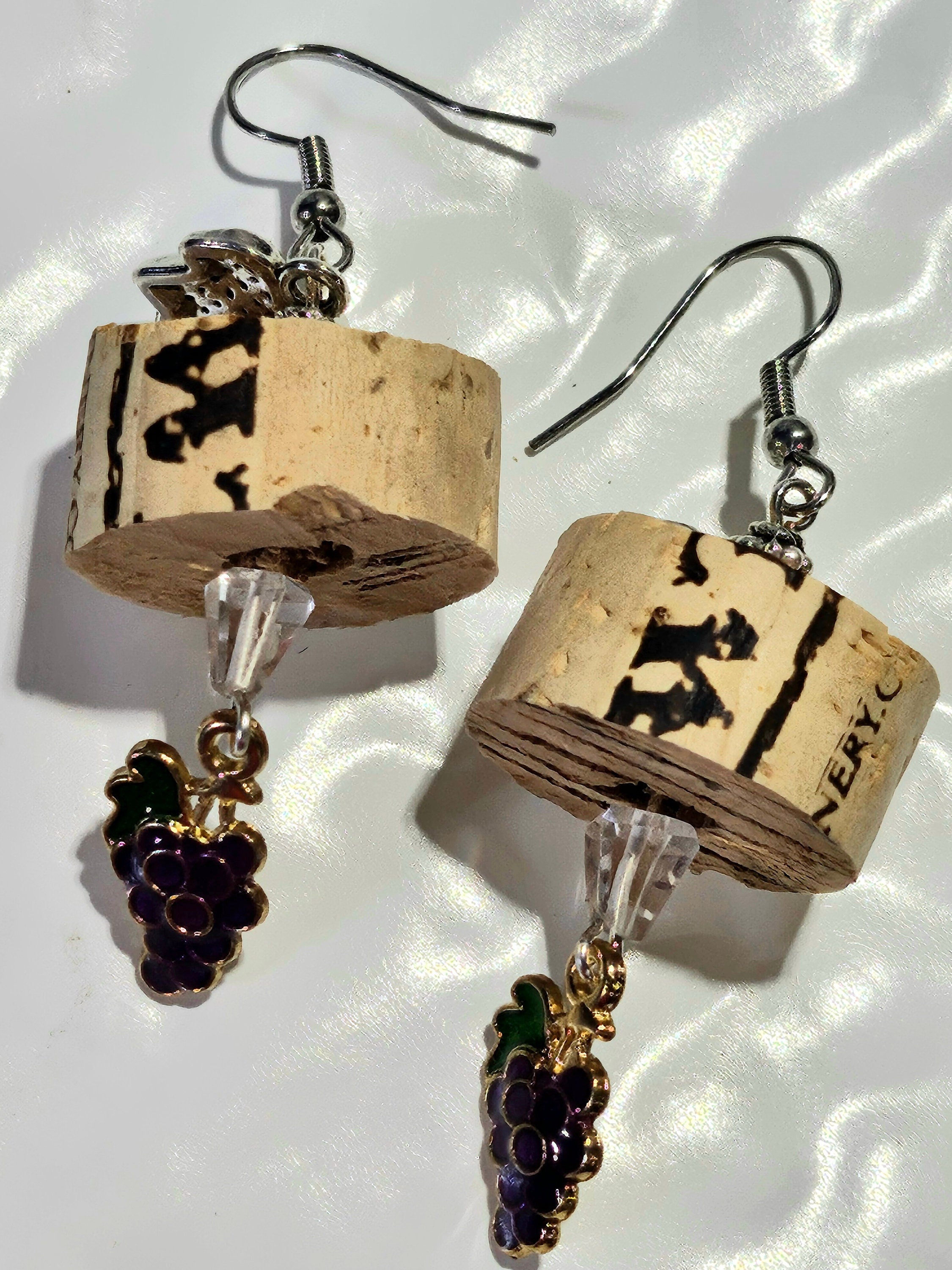 Wine Cork Earrings: Grape Charm, Stainless Steel Hooks