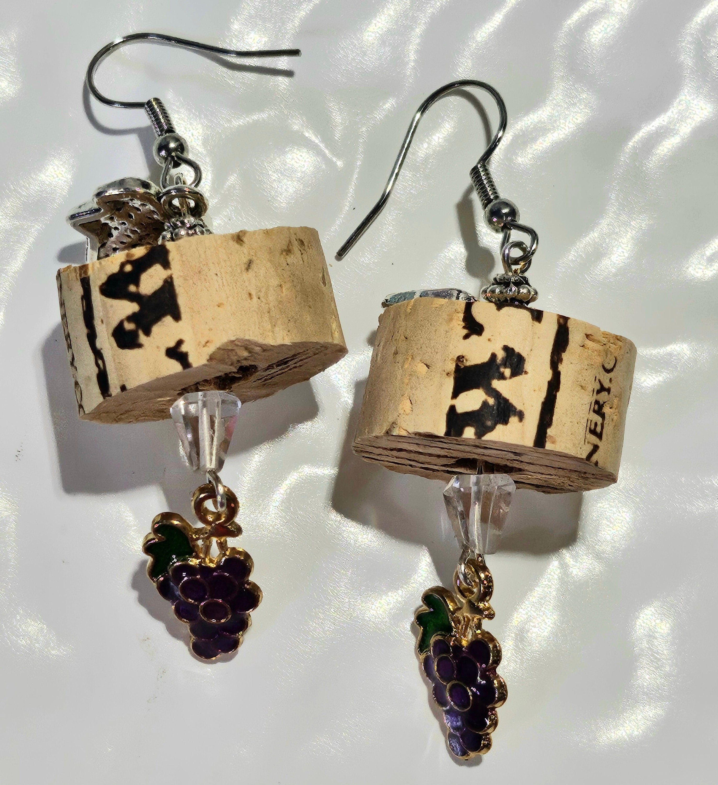 Wine Cork Earrings: Grape Charm, Stainless Steel Hooks