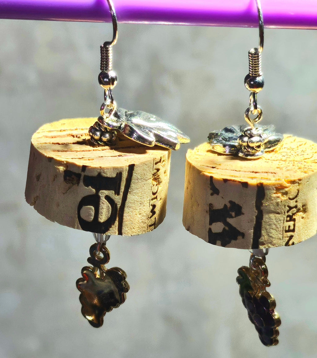 Wine Cork Earrings: Grape Charm, Stainless Steel Hooks