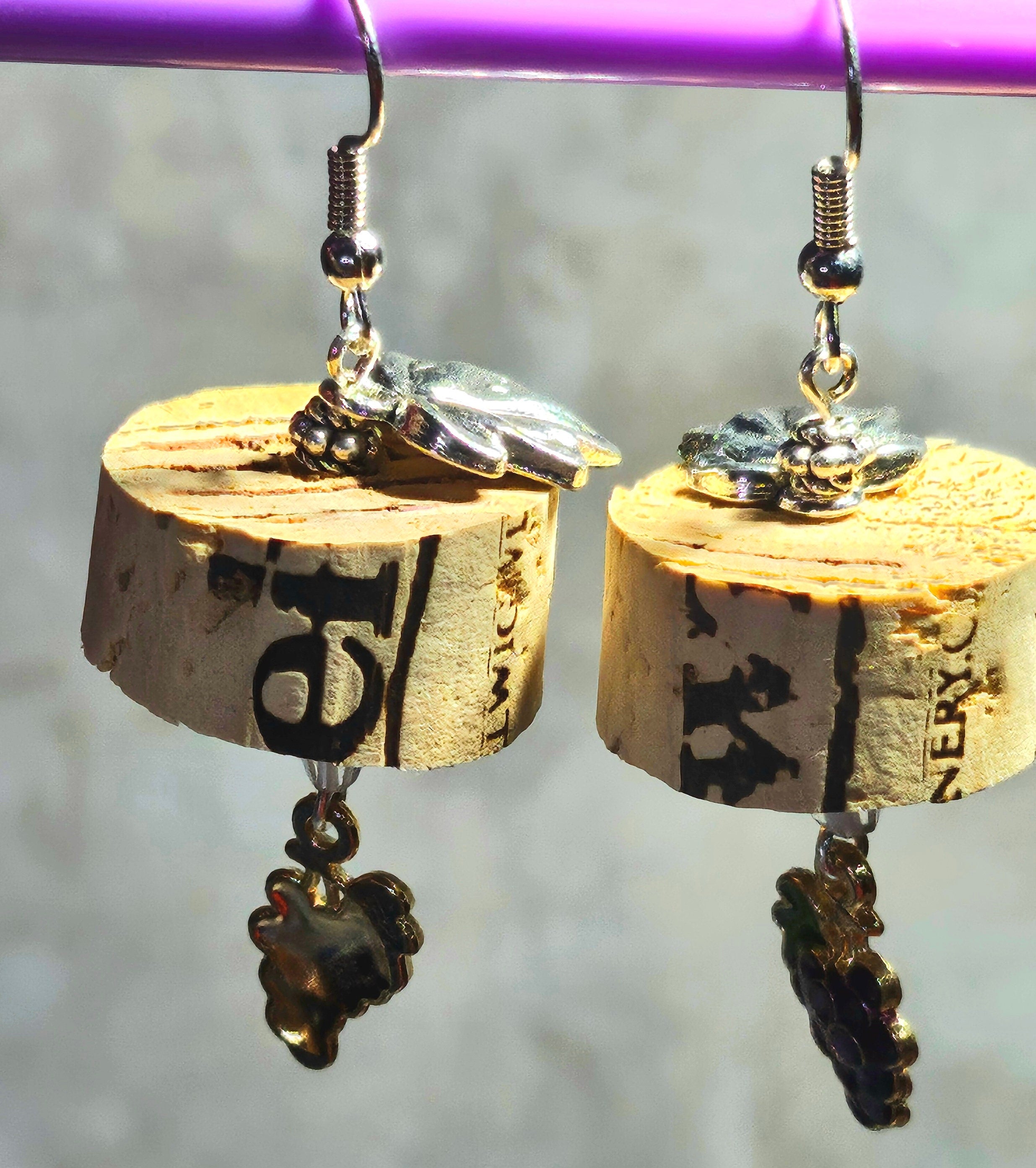 Wine Cork Earrings: Grape Charm, Stainless Steel Hooks