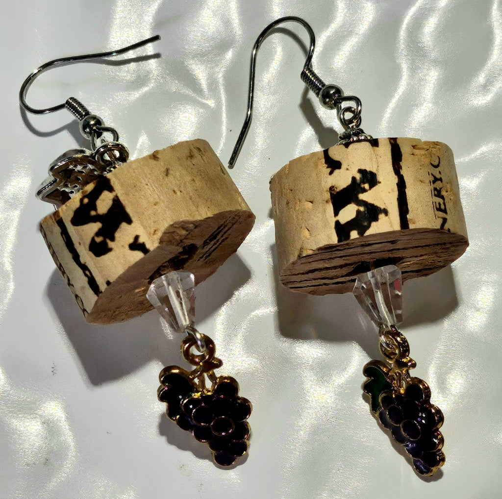 Wine Cork Earrings: Grape Charm, Stainless Steel Hooks