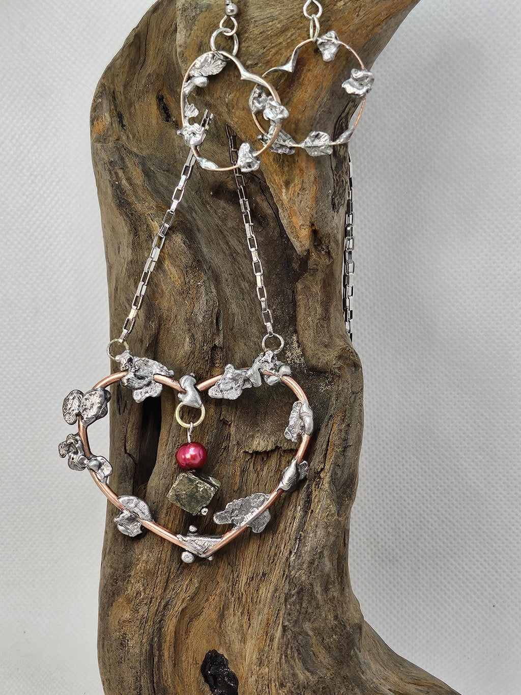 Handmade Pearl & Pyrite Pendant Necklace Earrings Set