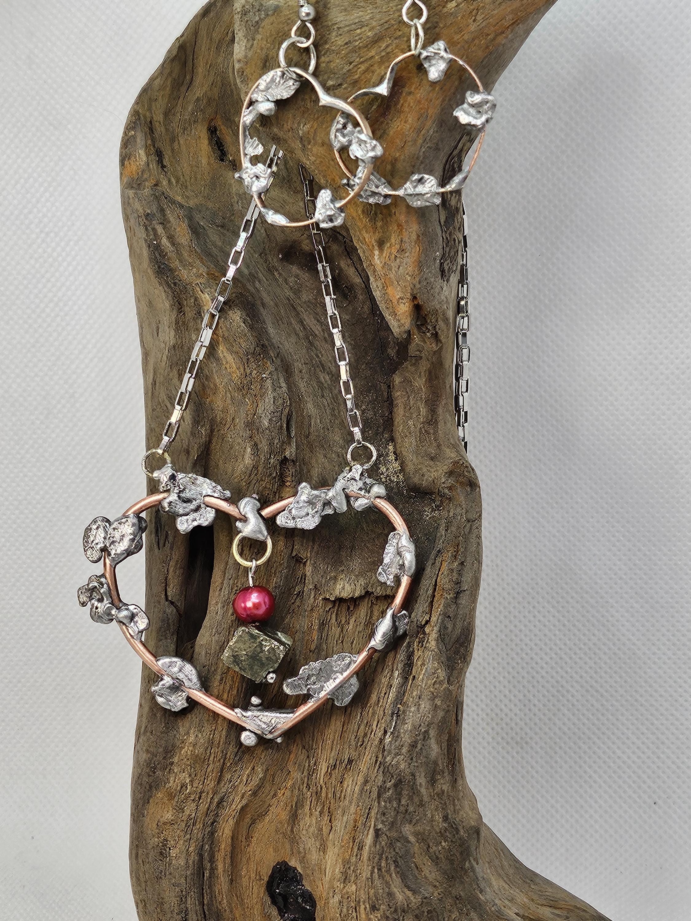 Handmade Pearl & Pyrite Pendant Necklace Earrings Set