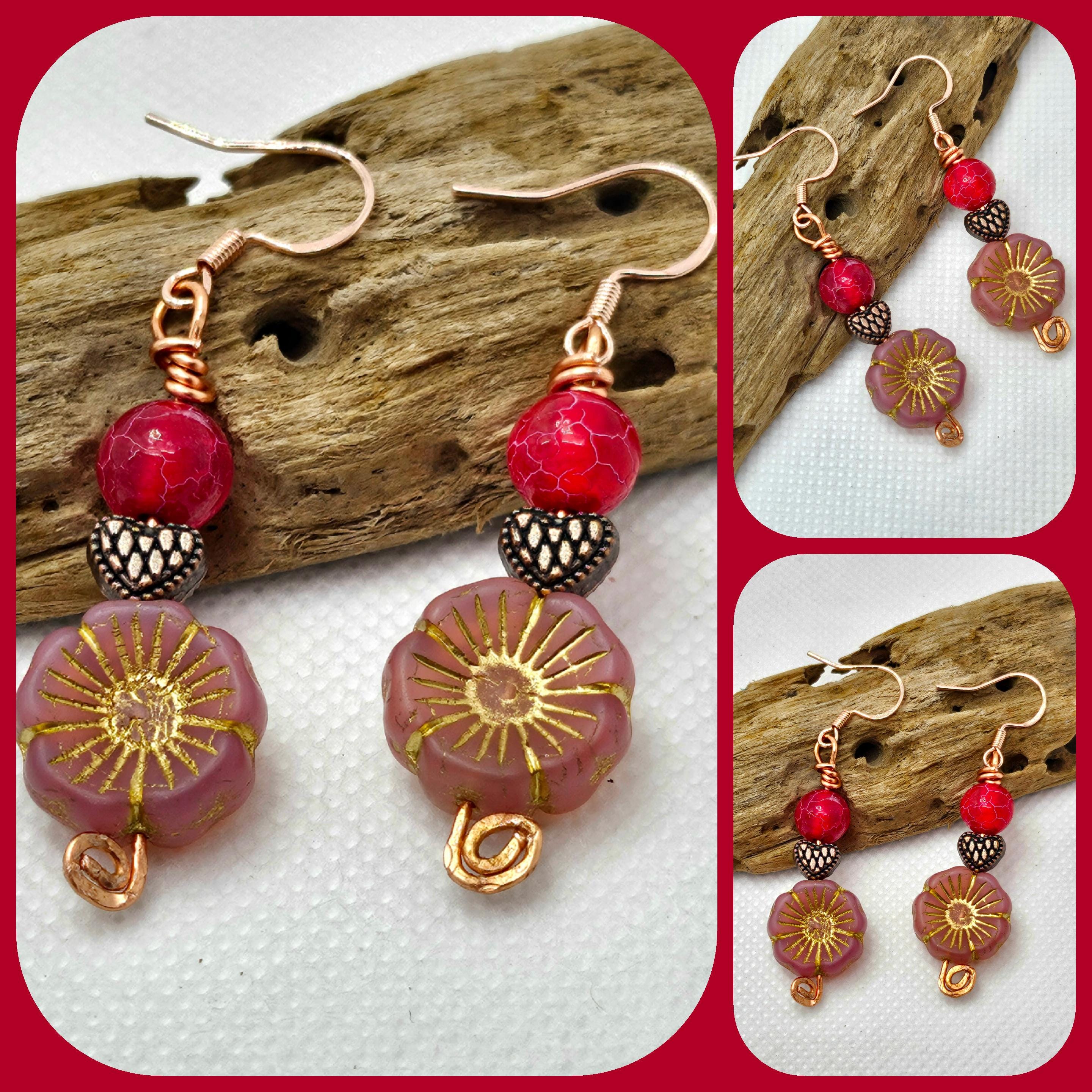 Crackle Agate & Czech Flower Earrings - Rose Gold Stainless Steel Hooks