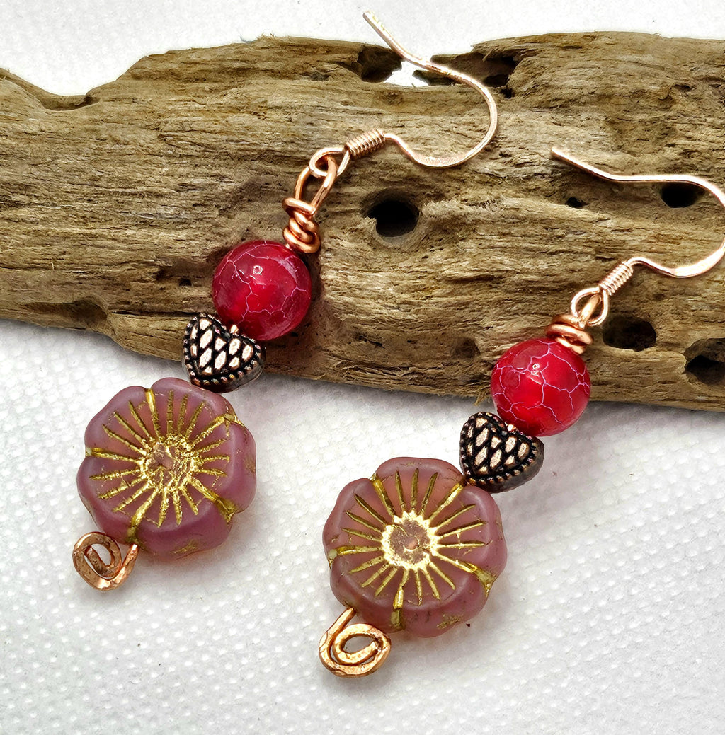 Crackle Agate & Czech Flower Earrings - Rose Gold Stainless Steel Hooks