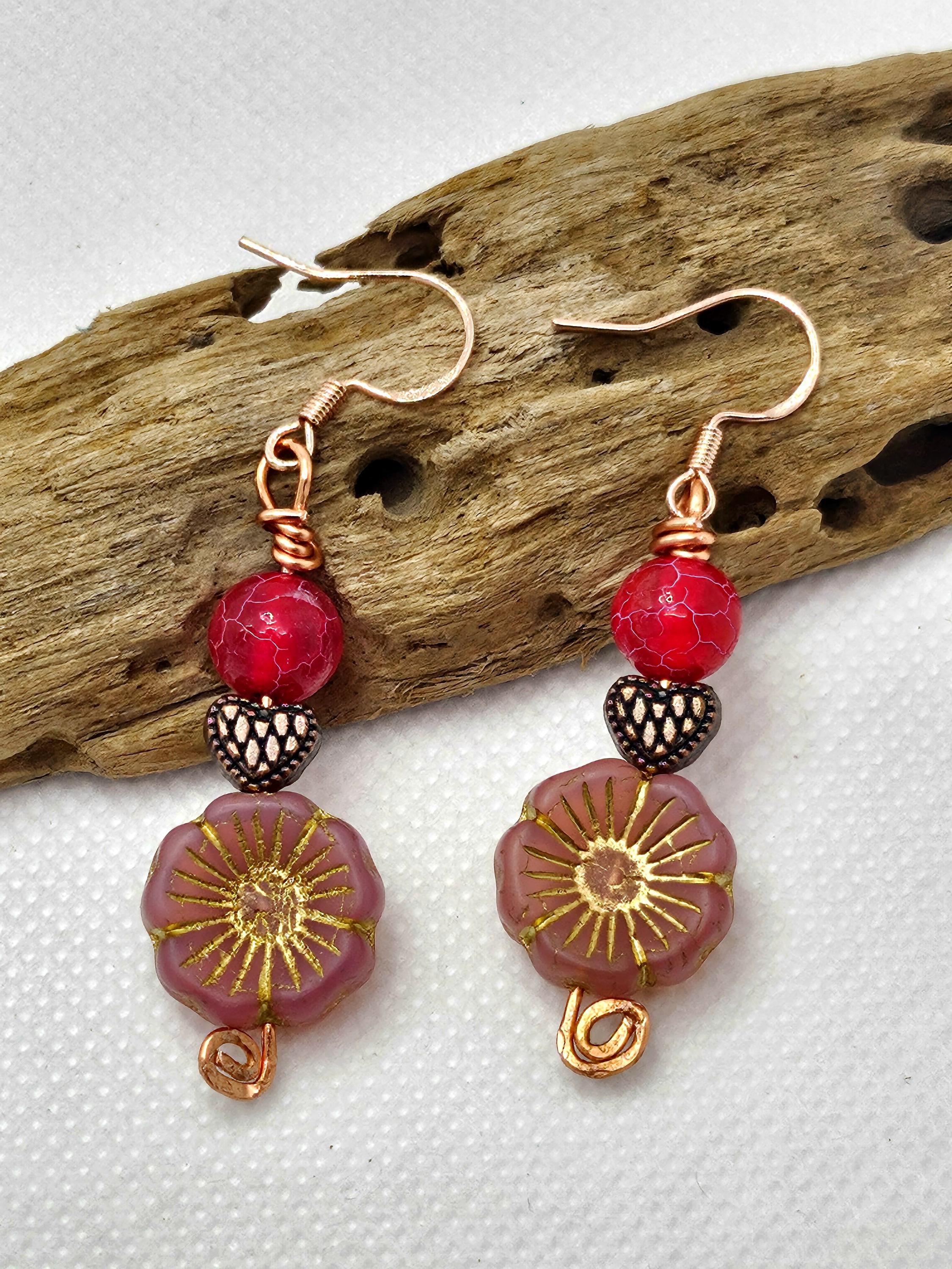 Crackle Agate & Czech Flower Earrings - Rose Gold Stainless Steel Hooks
