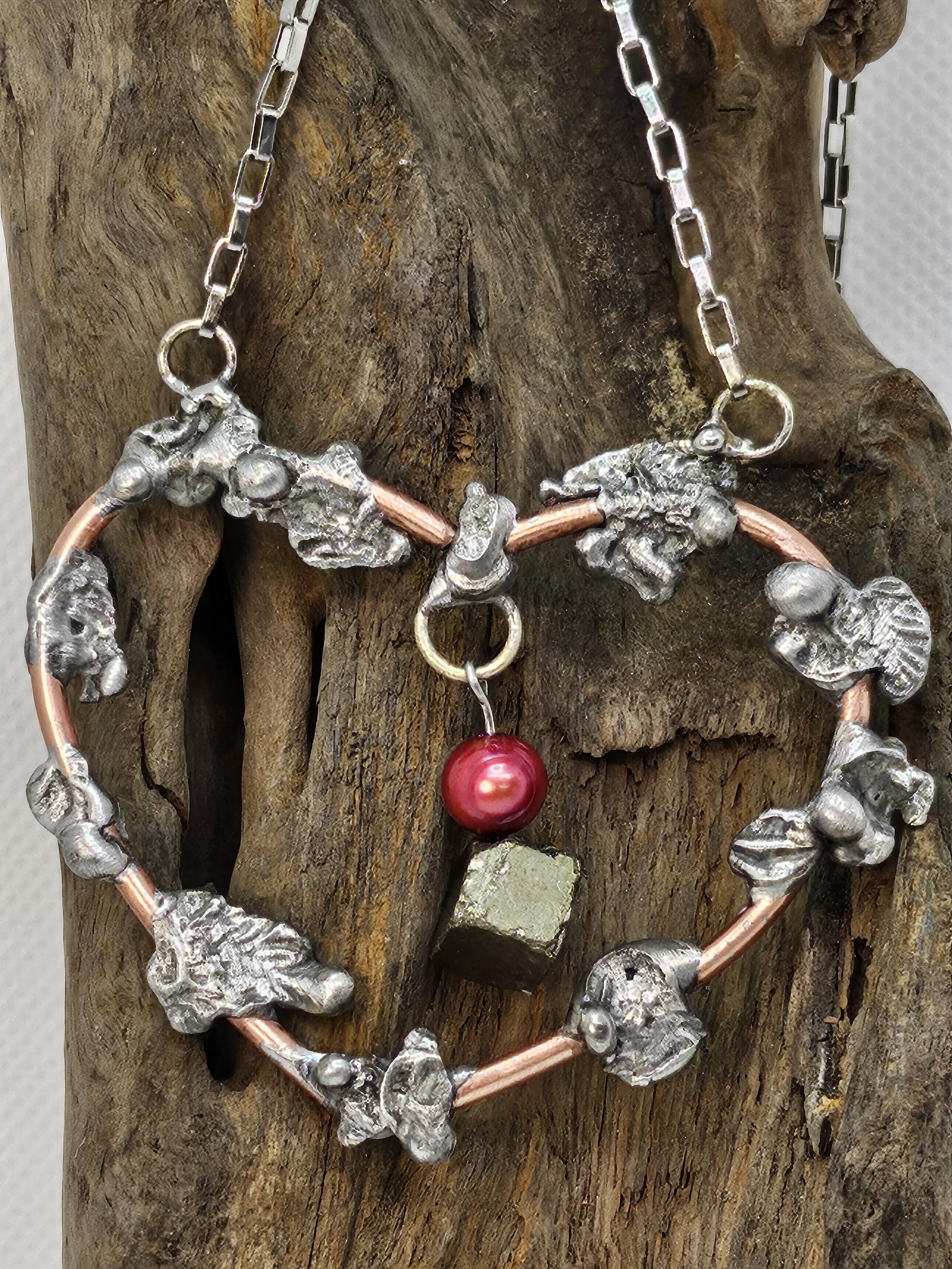 Handmade Pearl & Pyrite Pendant Necklace Earrings Set