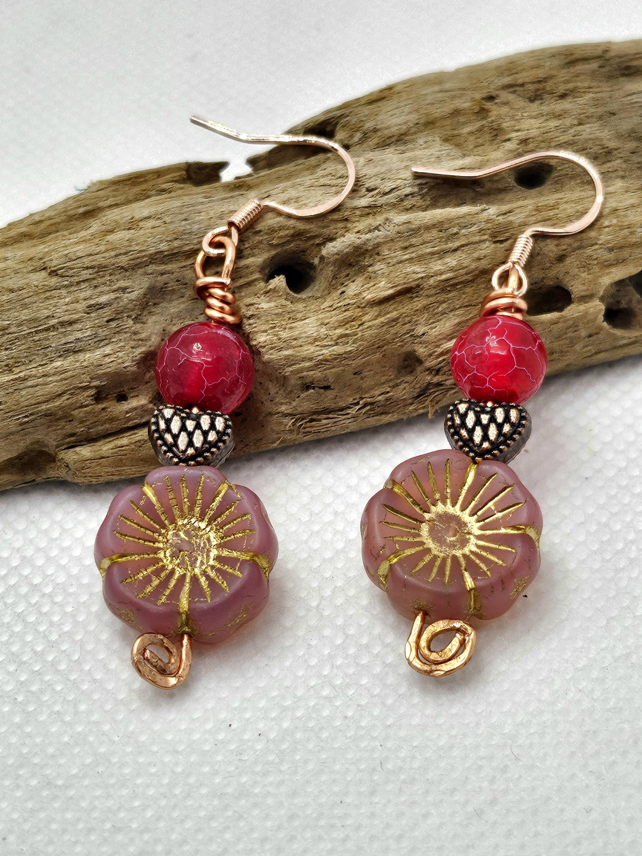 Crackle Agate & Czech Flower Earrings - Rose Gold Stainless Steel Hooks