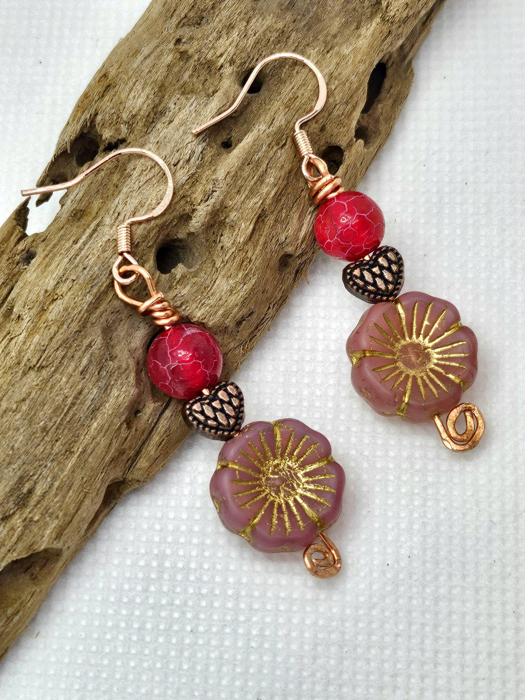 Crackle Agate & Czech Flower Earrings - Rose Gold Stainless Steel Hooks