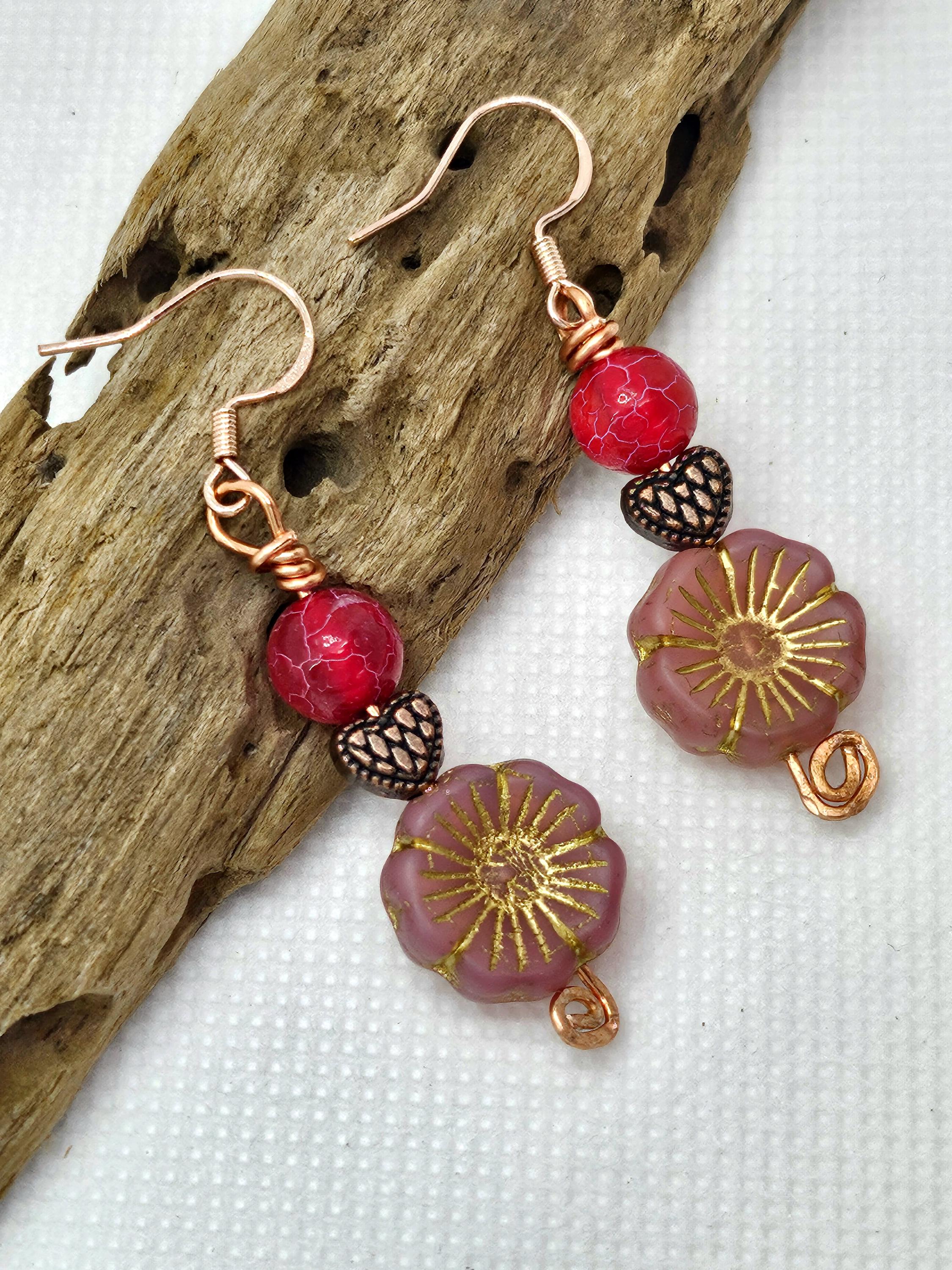 Crackle Agate & Czech Flower Earrings - Rose Gold Stainless Steel Hooks