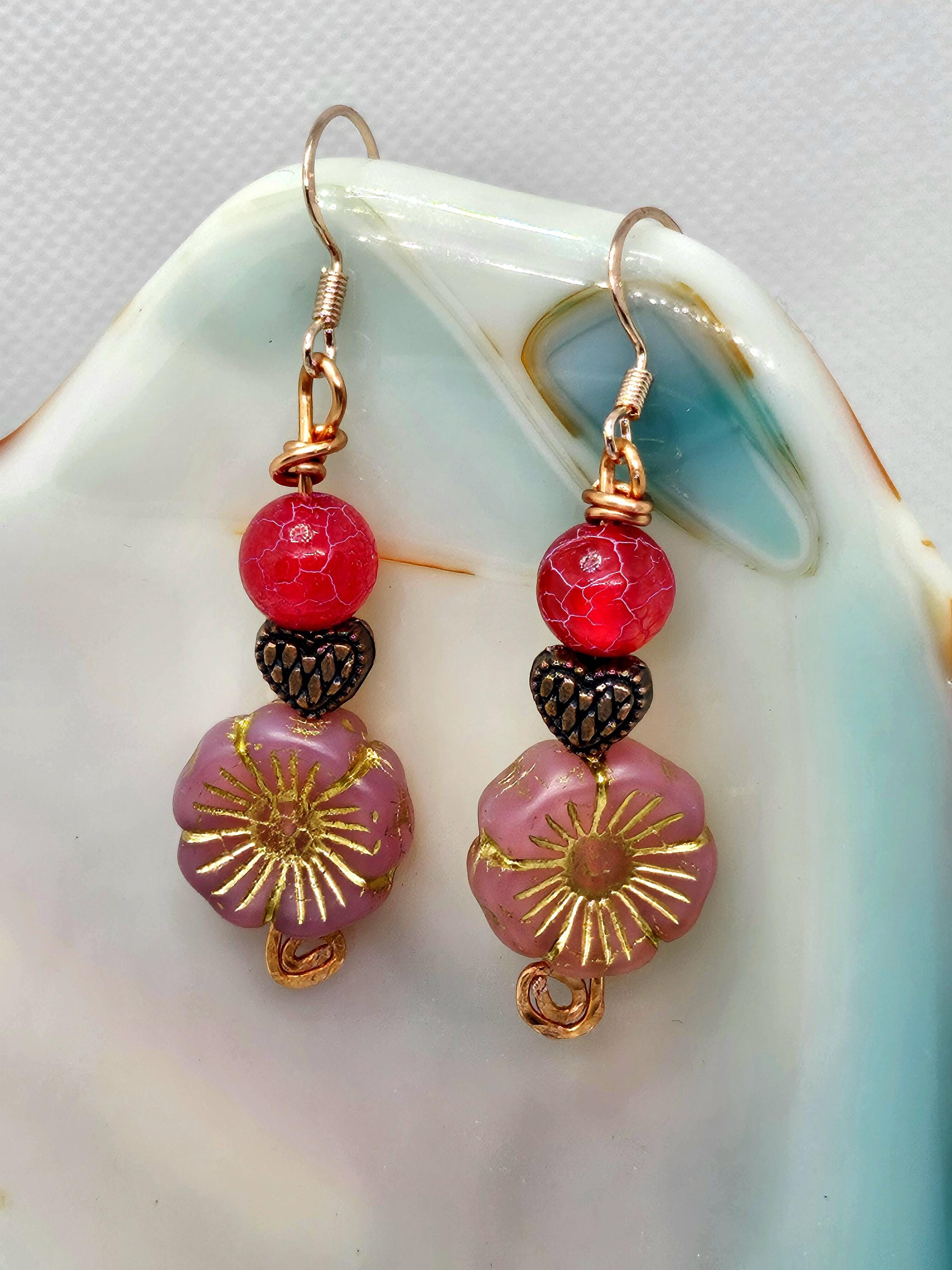 Crackle Agate & Czech Flower Earrings - Rose Gold Stainless Steel Hooks