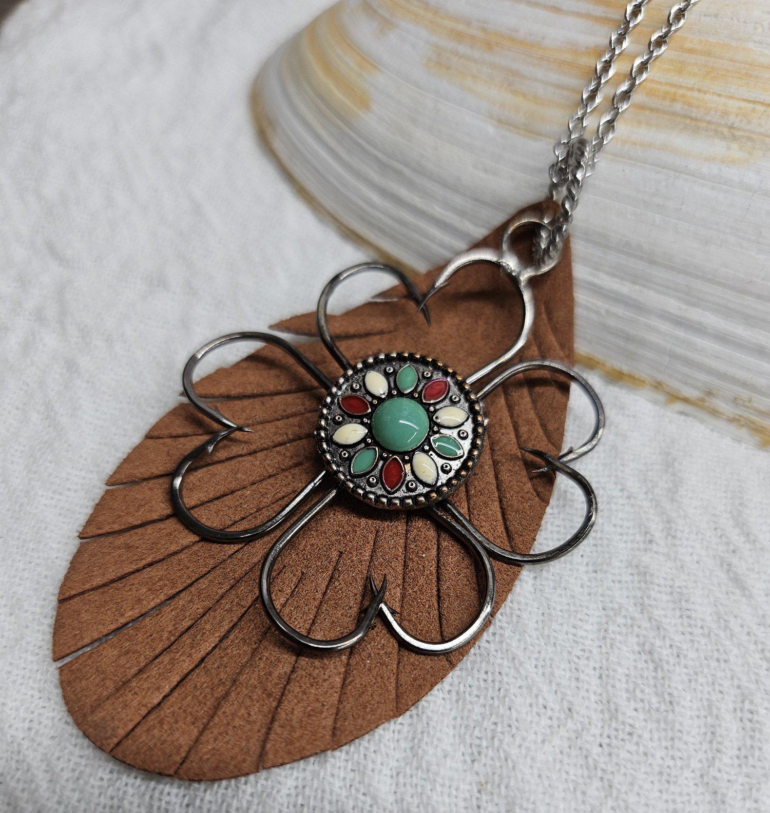 Turquoise Leather Pendant: Fish Hook Stainless Steel Chain