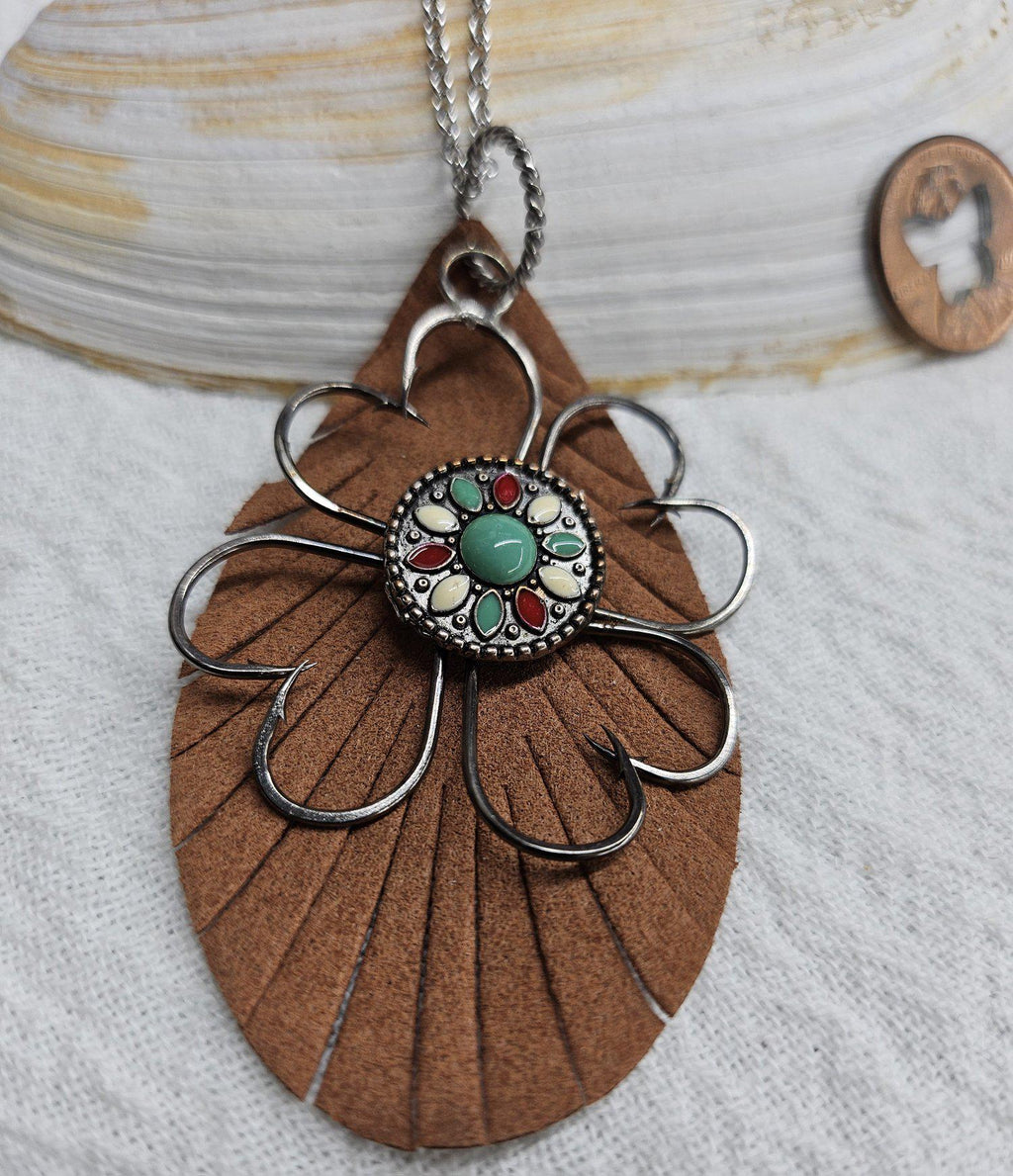 Turquoise Leather Pendant: Fish Hook Stainless Steel Chain