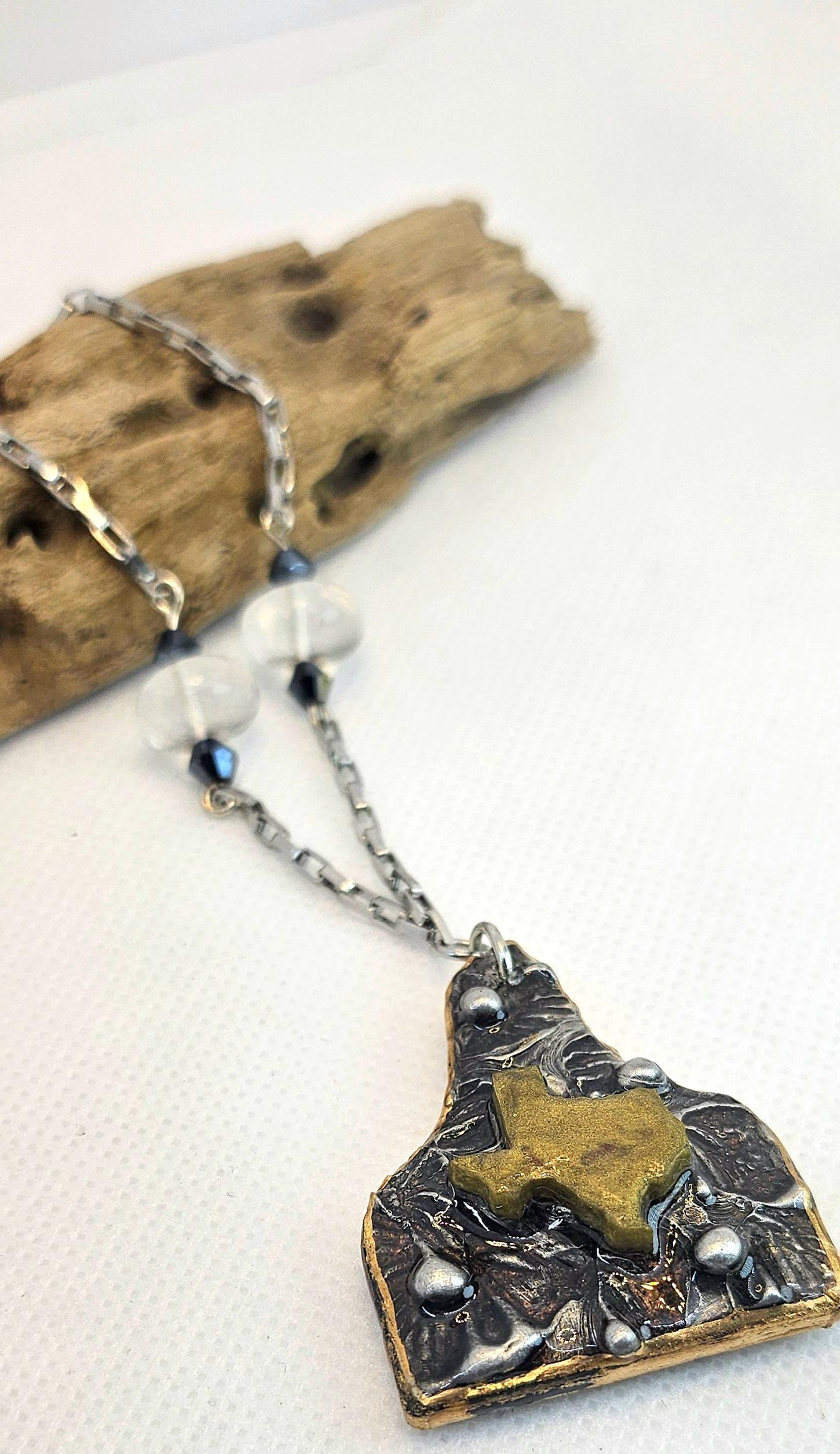 Silver Soldered Cow Tag Pendant: Clear Quartz, Stainless Steel Chain