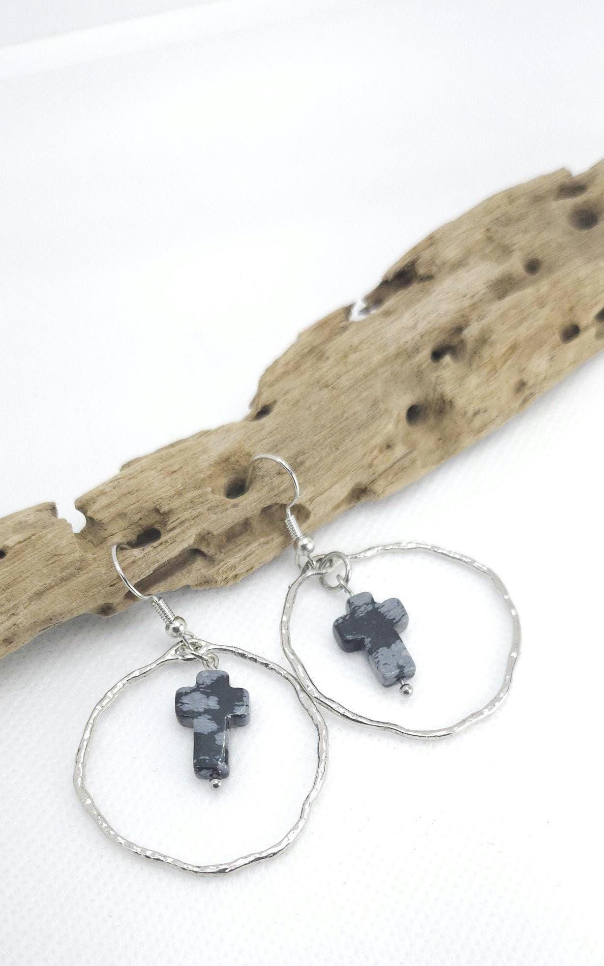 Snowflake Obsidian Cross Earrings: Elegant Stone Drops
