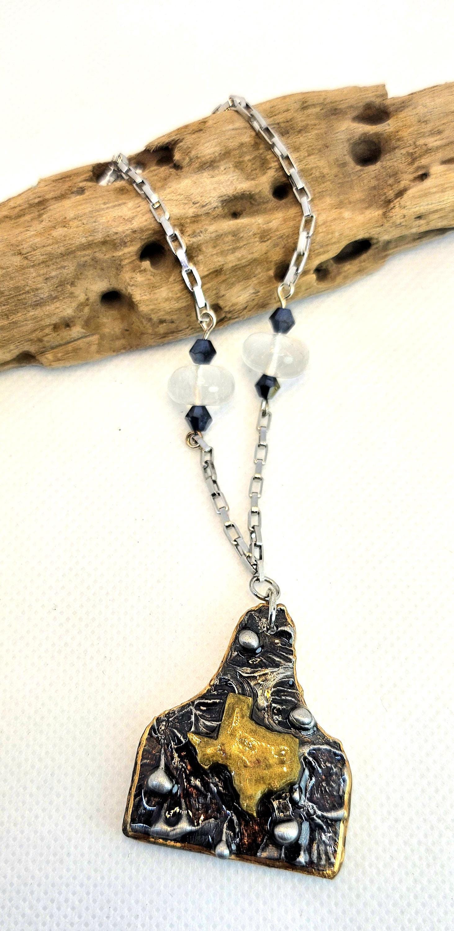 Silver Soldered Cow Tag Pendant: Clear Quartz, Stainless Steel Chain