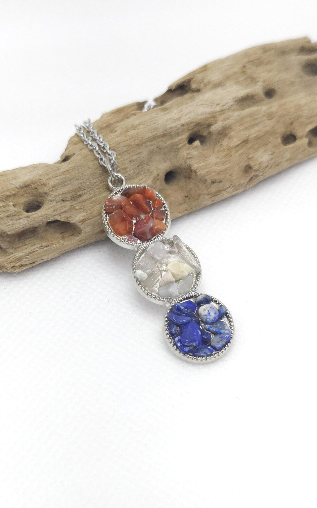 Red White Blue Chip Stone Pendant: Stainless Steel Chain