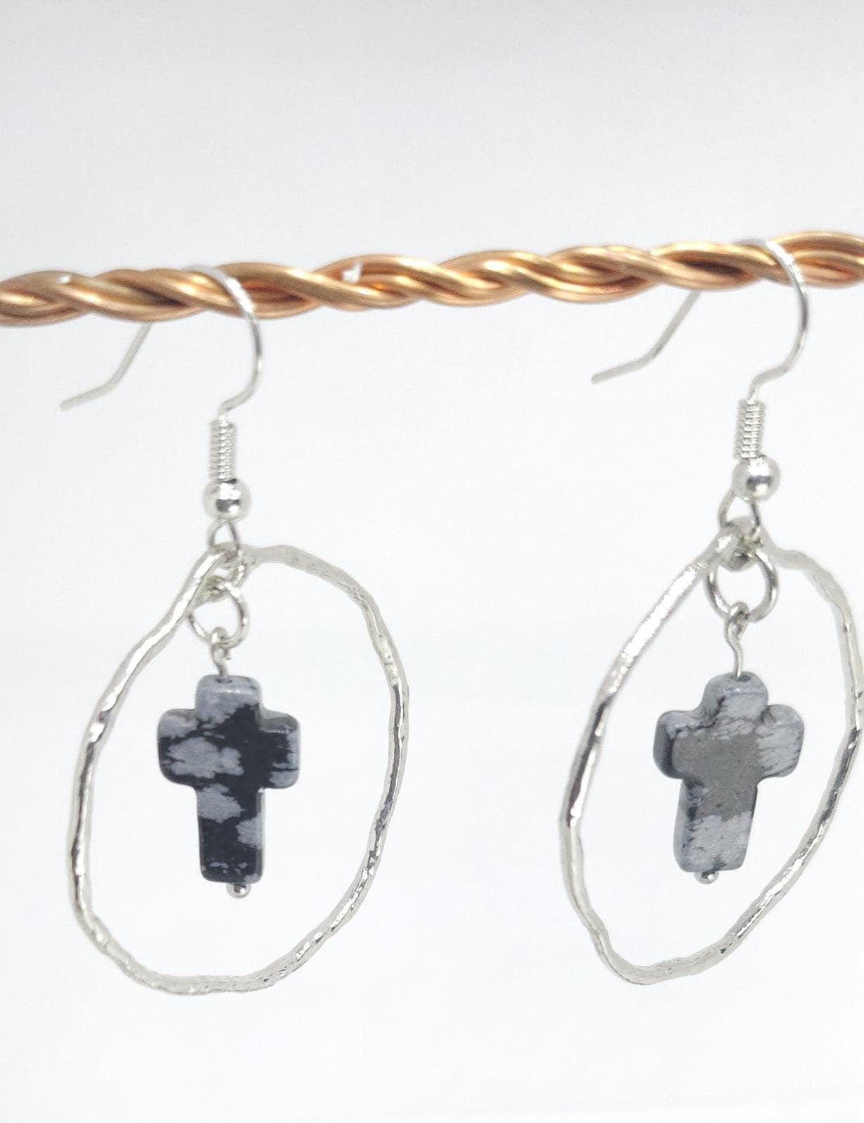 Snowflake Obsidian Cross Earrings: Elegant Stone Drops