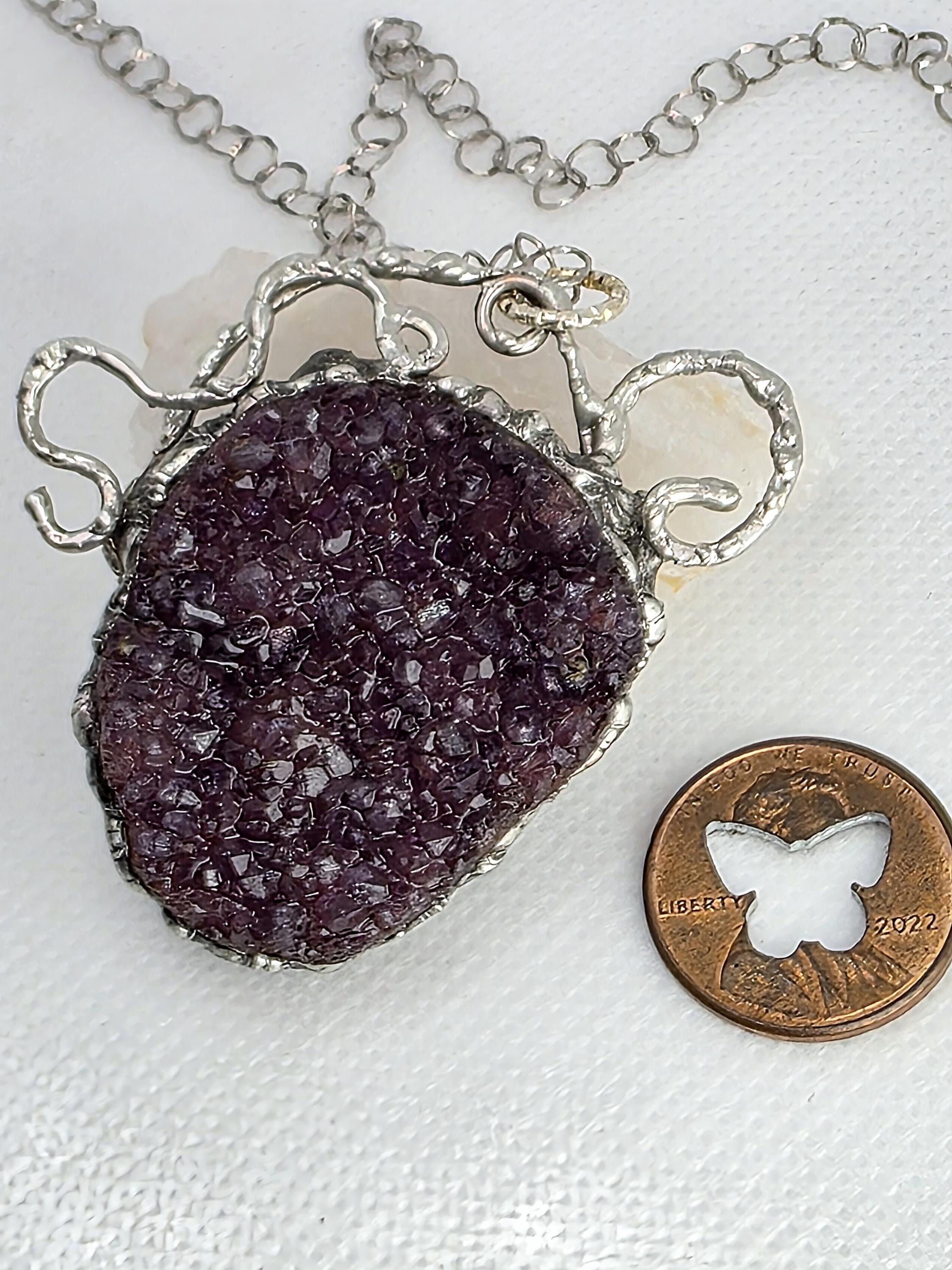Raw Amethyst Silver Soldered Pendant - Stainless Steel Chain