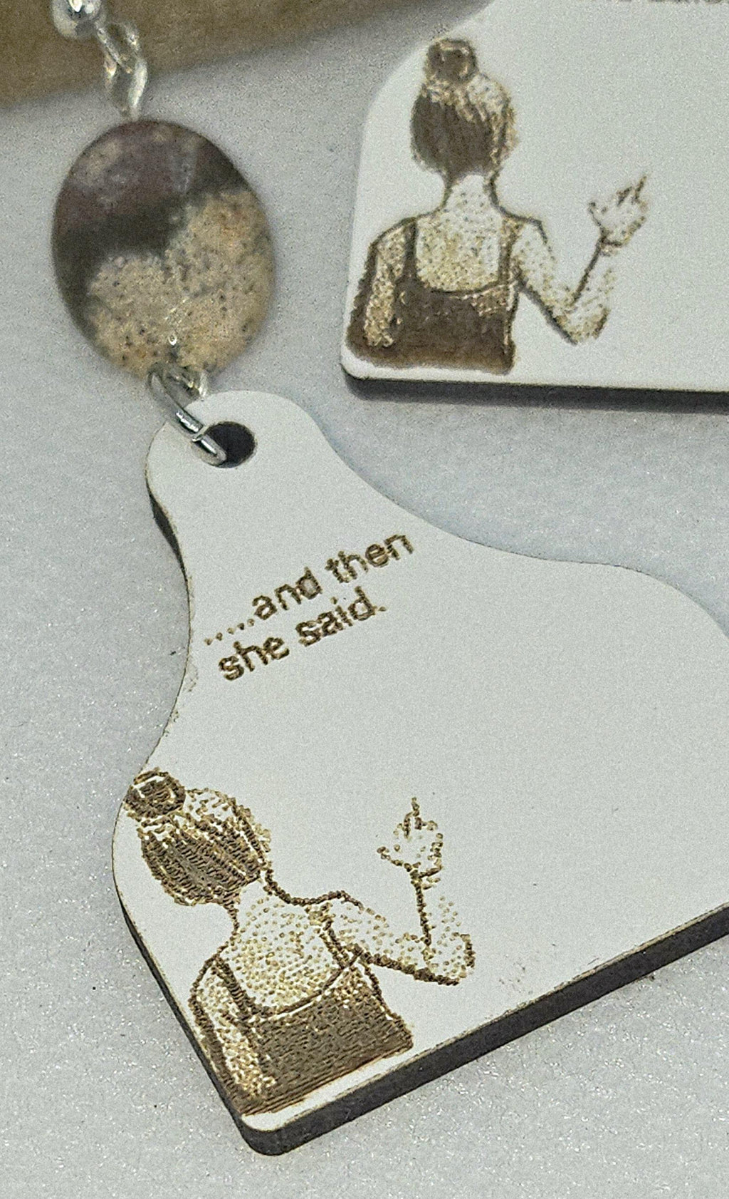 Laser Engraved Cow Tag Earrings in Brecciated Jasper Stainless Steel - Rustic Boho Chic Accessories