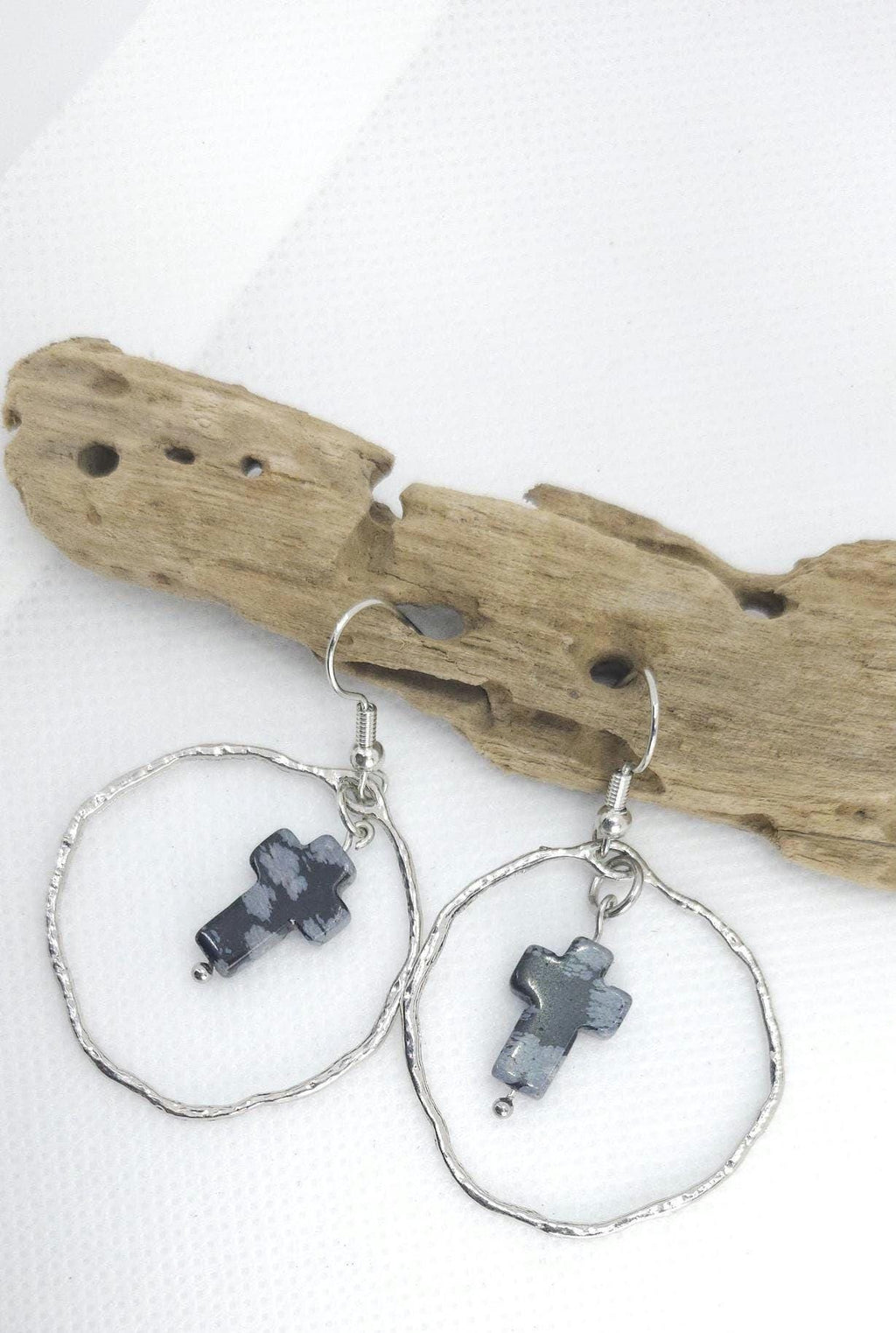 Snowflake Obsidian Cross Earrings: Elegant Stone Drops