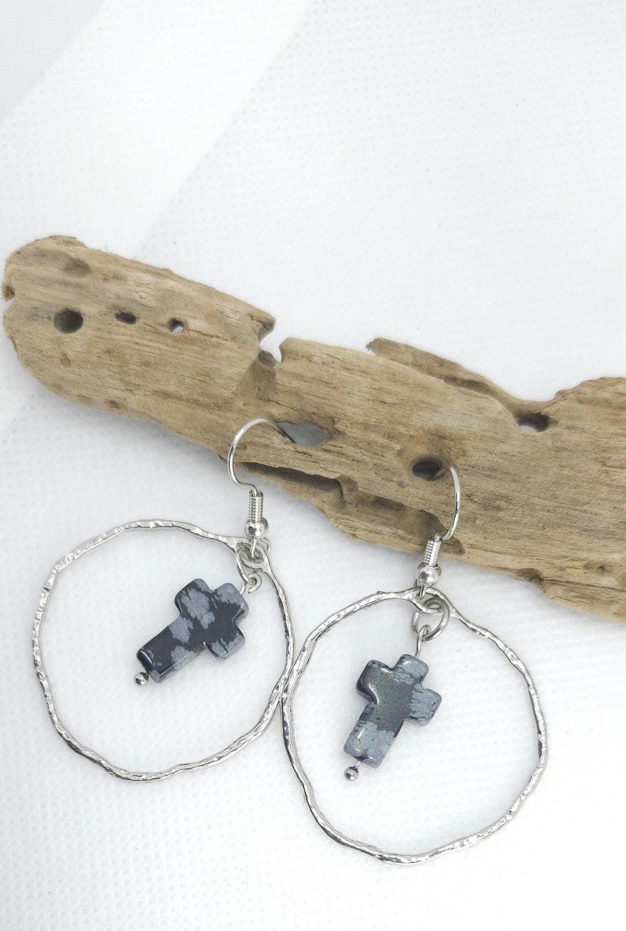 Snowflake Obsidian Cross Earrings: Elegant Stone Drops