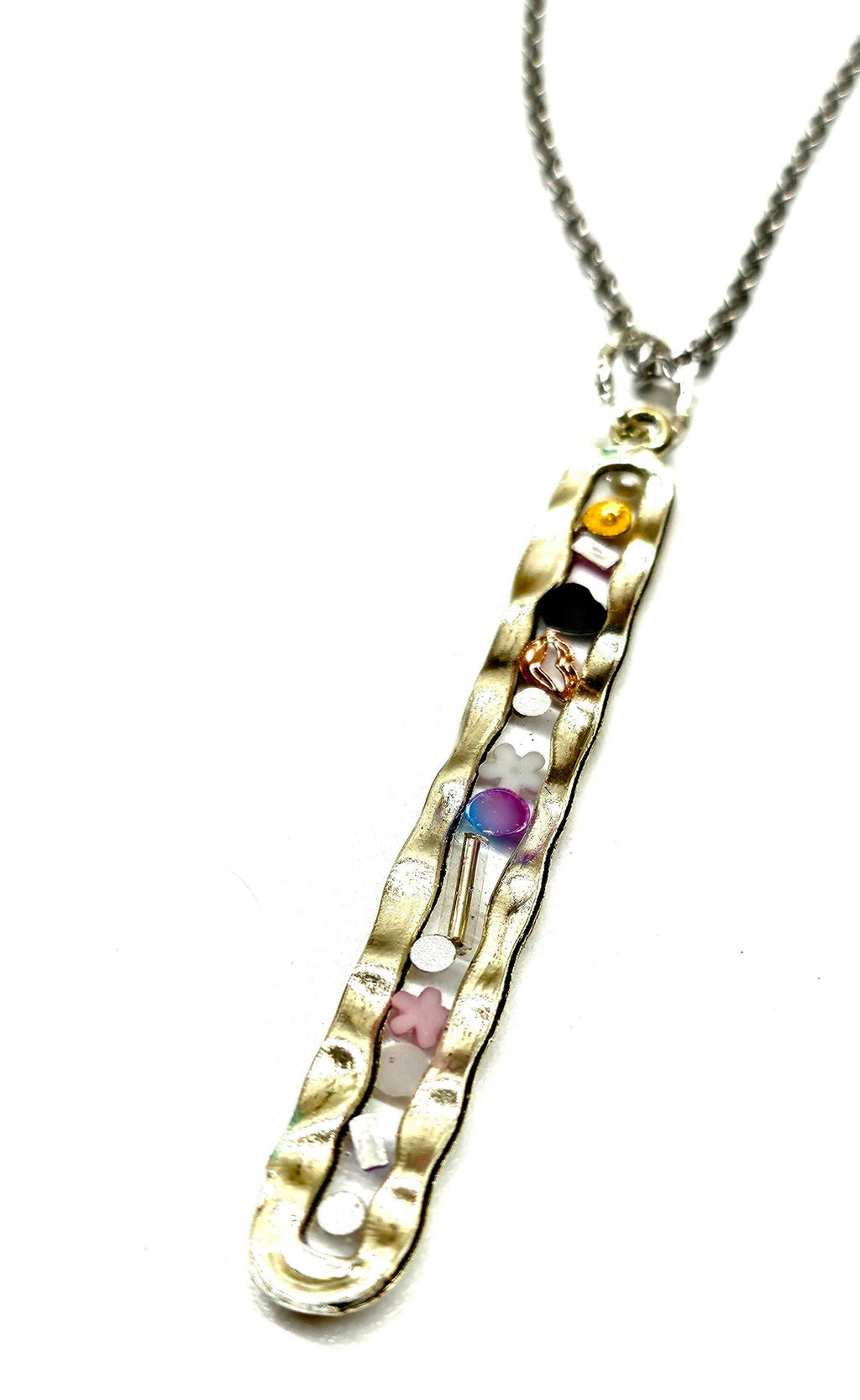 Stone Confetti Pendant with Multi Gem-Stone Design on Stainless Steel Chain - Boho Rustic Jewelry