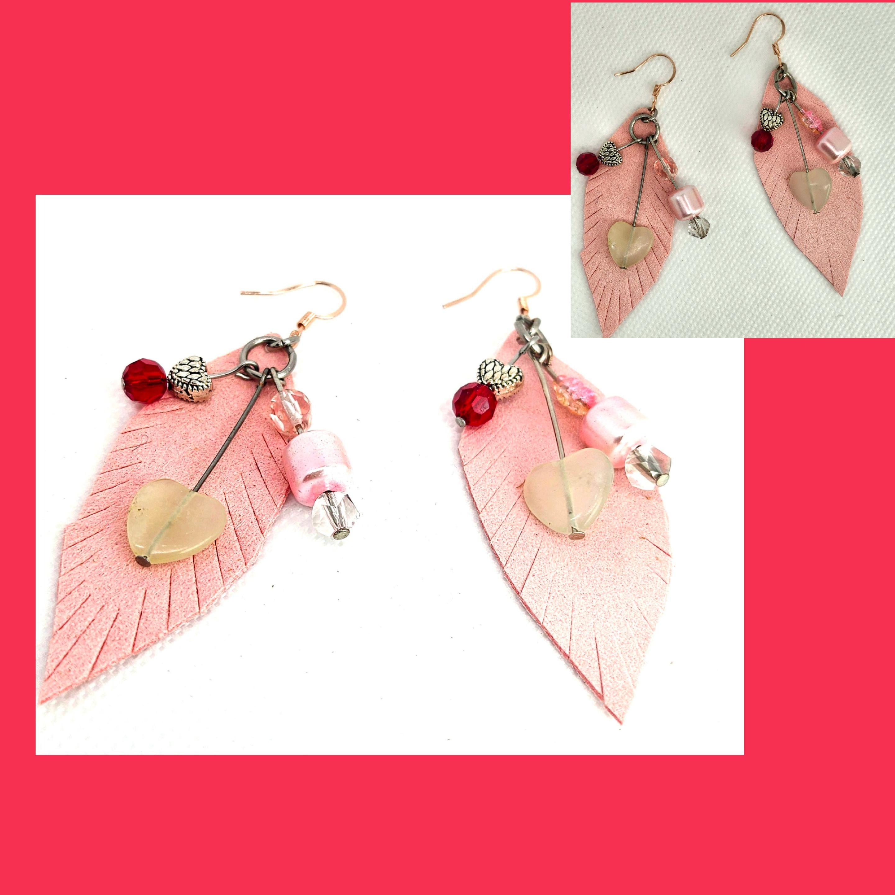 Leather Feather Earrings: Agate, Hematite, Rose Gold Hooks