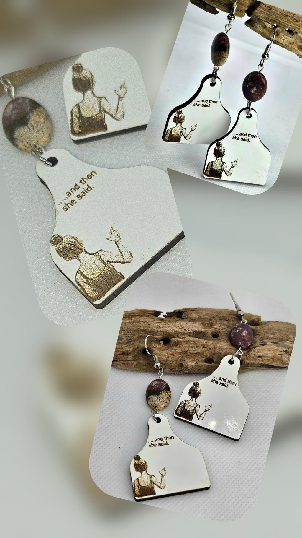Laser Engraved Cow Tag Earrings in Brecciated Jasper Stainless Steel - Rustic Boho Chic Accessories