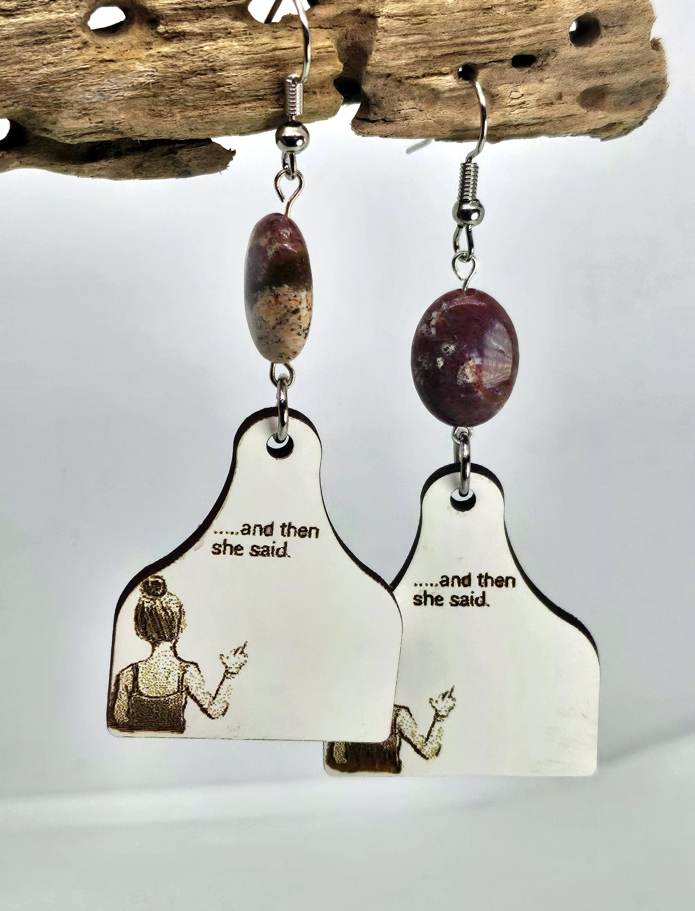Laser Engraved Cow Tag Earrings in Brecciated Jasper Stainless Steel - Rustic Boho Chic Accessories