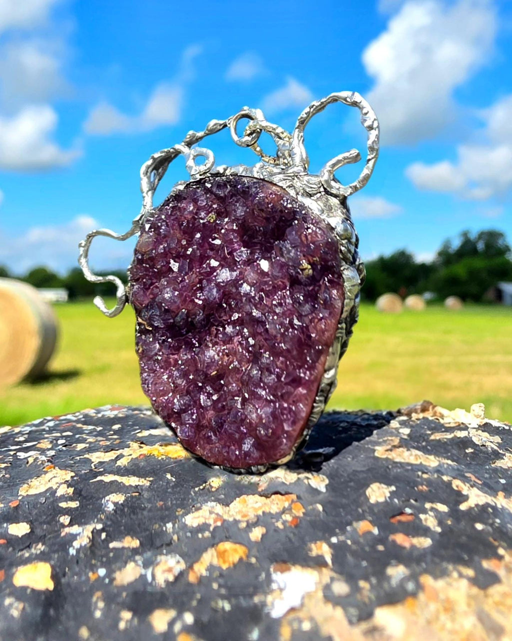 Raw Amethyst Silver Soldered Pendant - Stainless Steel Chain