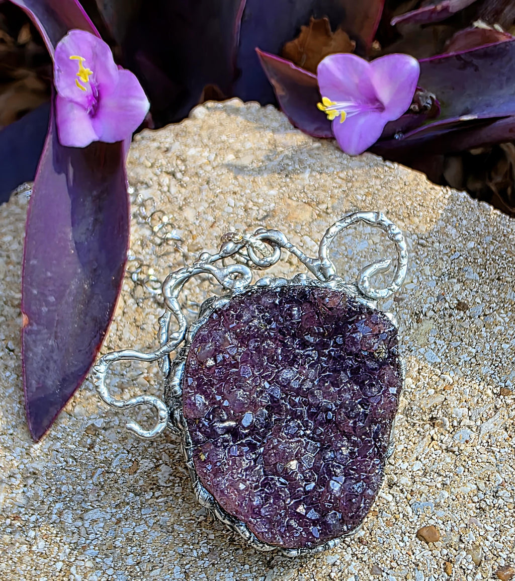 Raw Amethyst Silver Soldered Pendant - Stainless Steel Chain