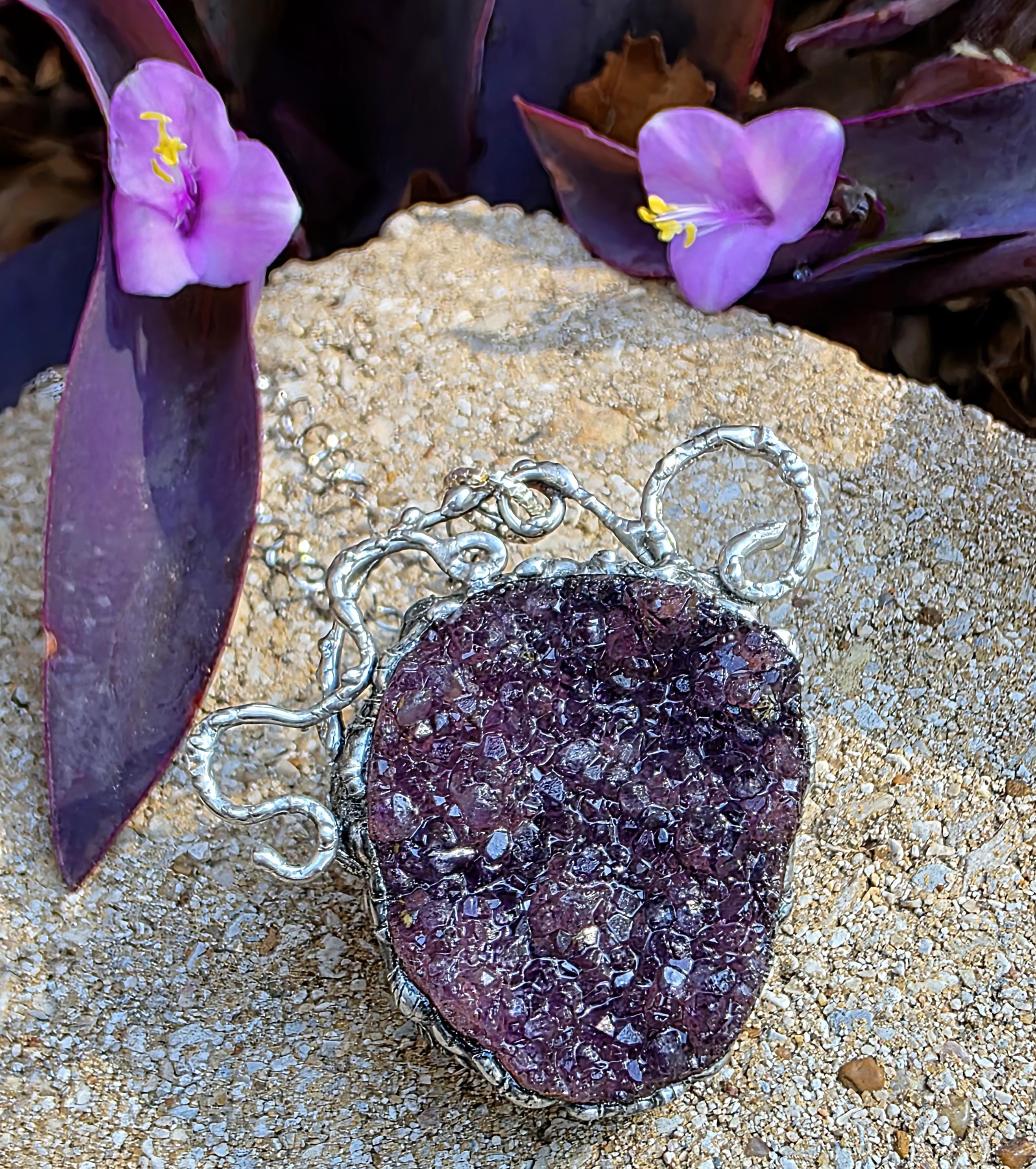 Raw Amethyst Silver Soldered Pendant - Stainless Steel Chain