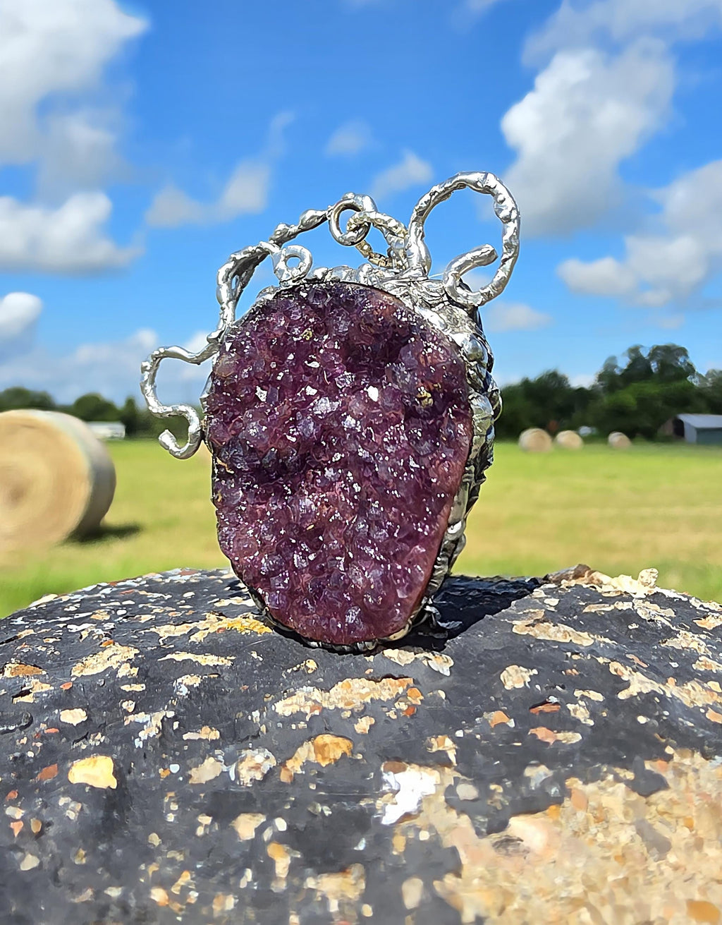 Raw Amethyst Silver Soldered Pendant - Stainless Steel Chain