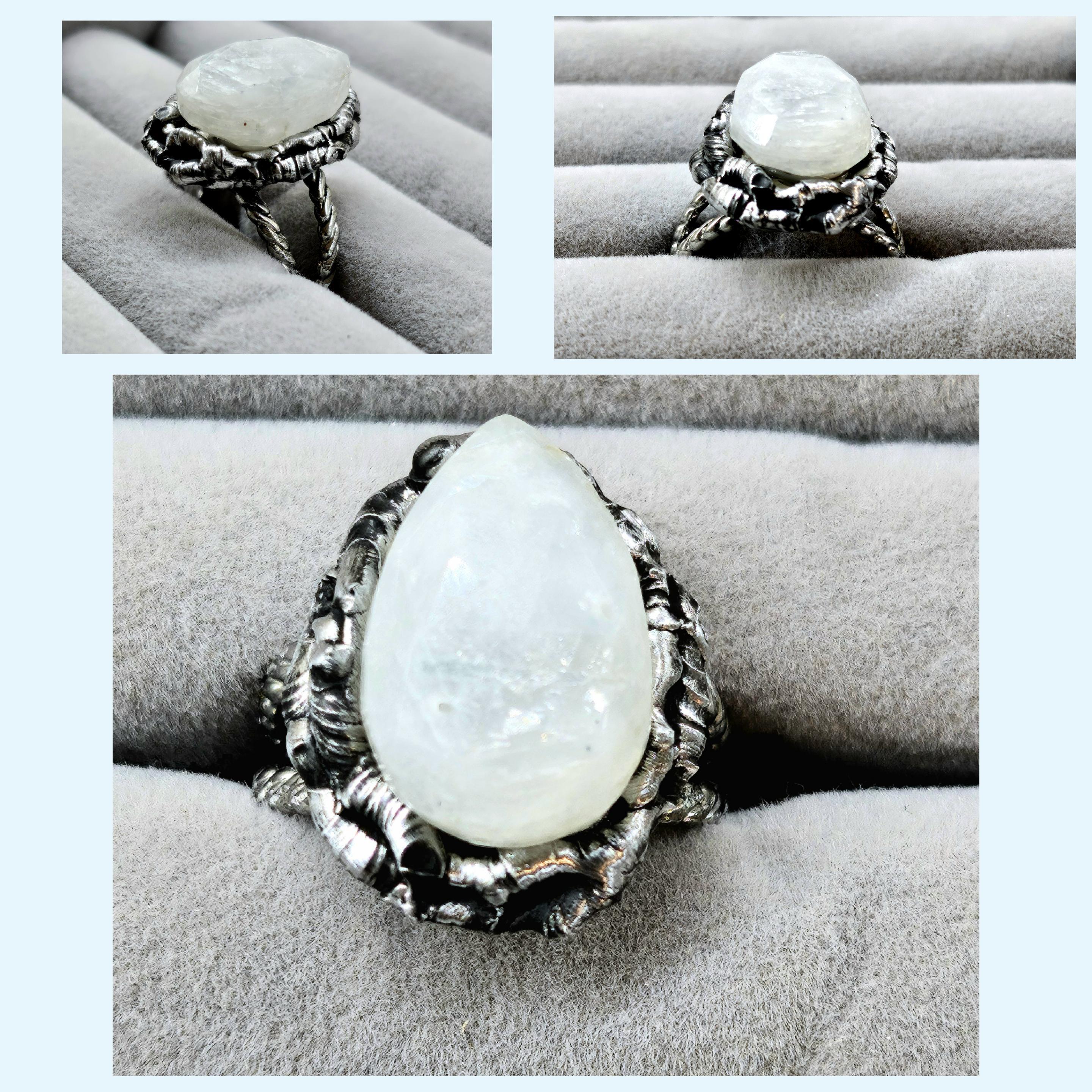 Moonstone Silver Soldered Ring Rustic Boho Handmade Jewelry Gift for Her FREE Shipping Unique Statement Piece