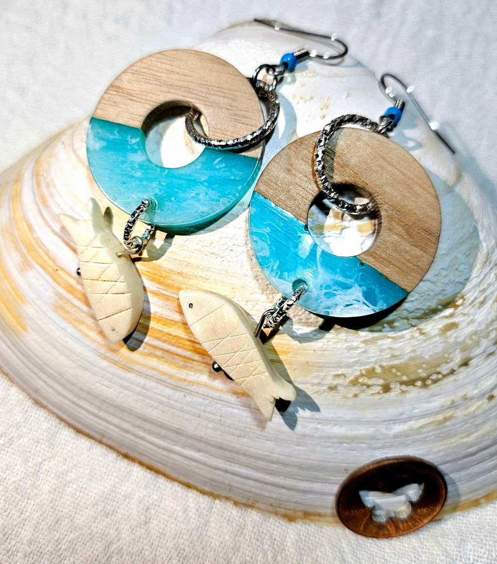 Wood Resin Earrings: Bone Fish Dangle, Stainless Steel Hooks