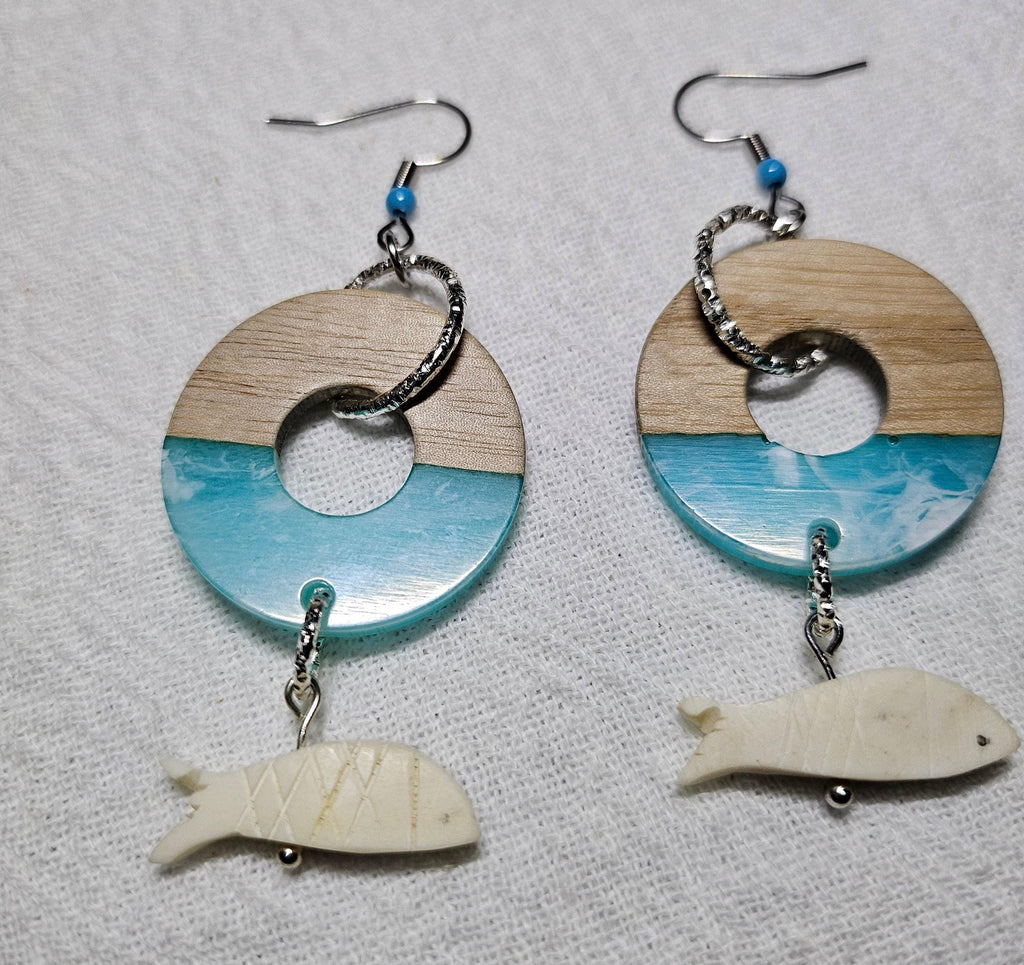 Wood Resin Earrings: Bone Fish Dangle, Stainless Steel Hooks